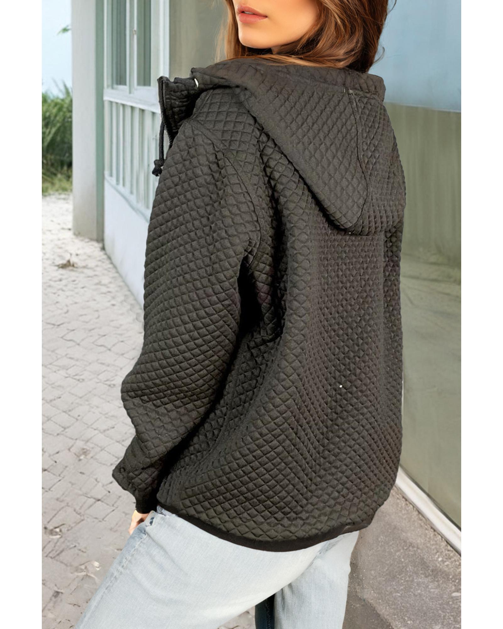 Black Quilted Side Pockets Zipper Hooded Jacket - M