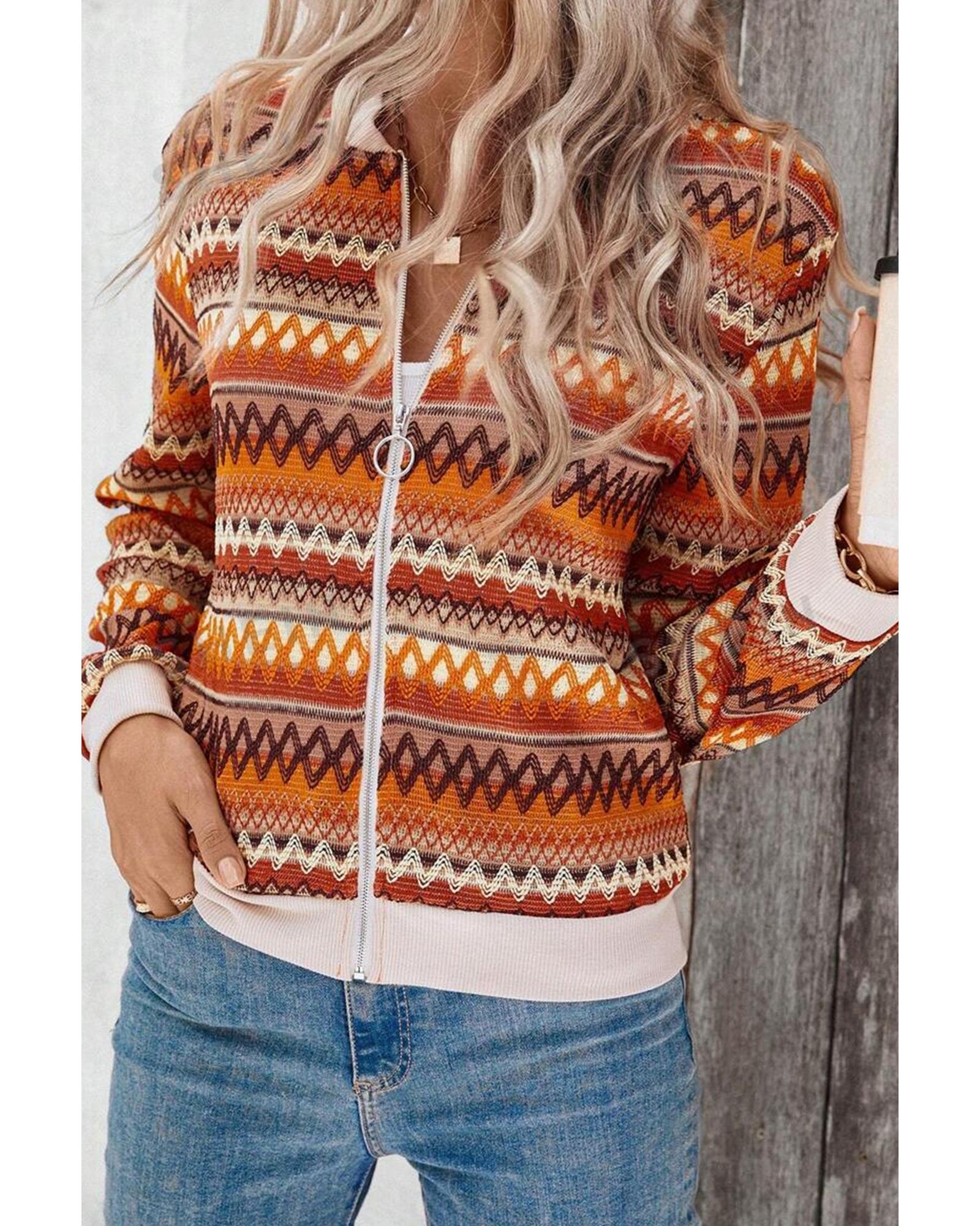 Orange Boho Striped Zip Up Long Sleeve Jacket - M