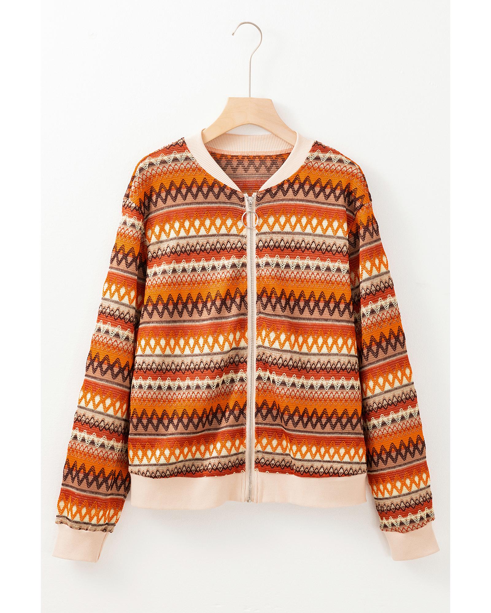 Orange Boho Striped Zip Up Long Sleeve Jacket - S