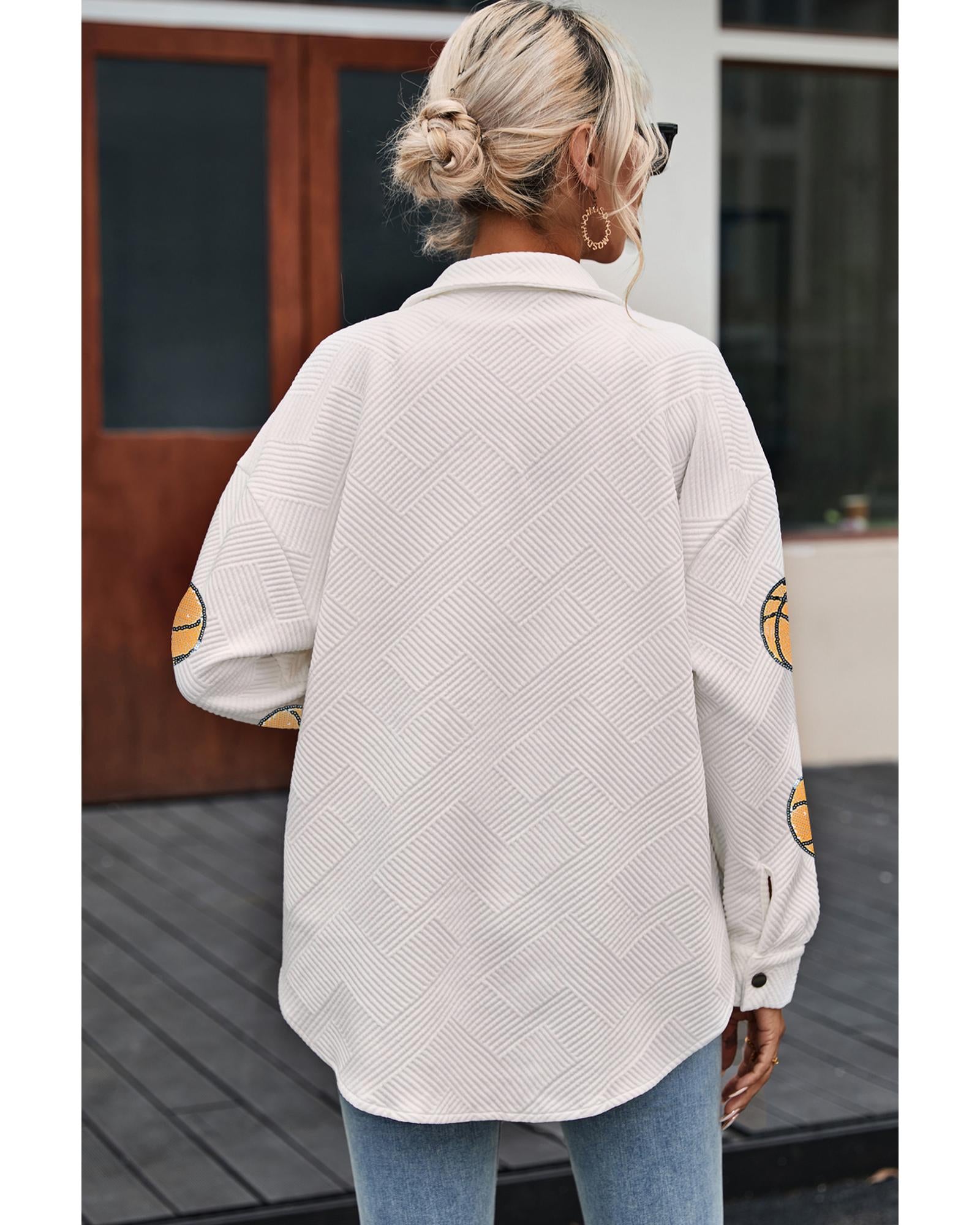 Beige Sequin Basketball Graphic Textured Snap Button Shacket - XL