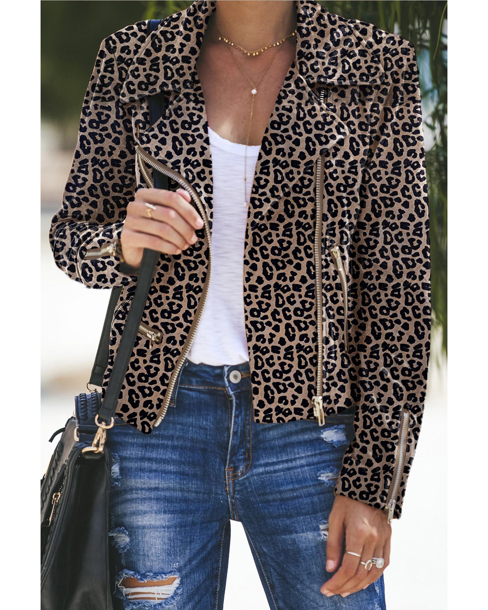 Leopard Zipped Notch Collar Short Jacket - XL