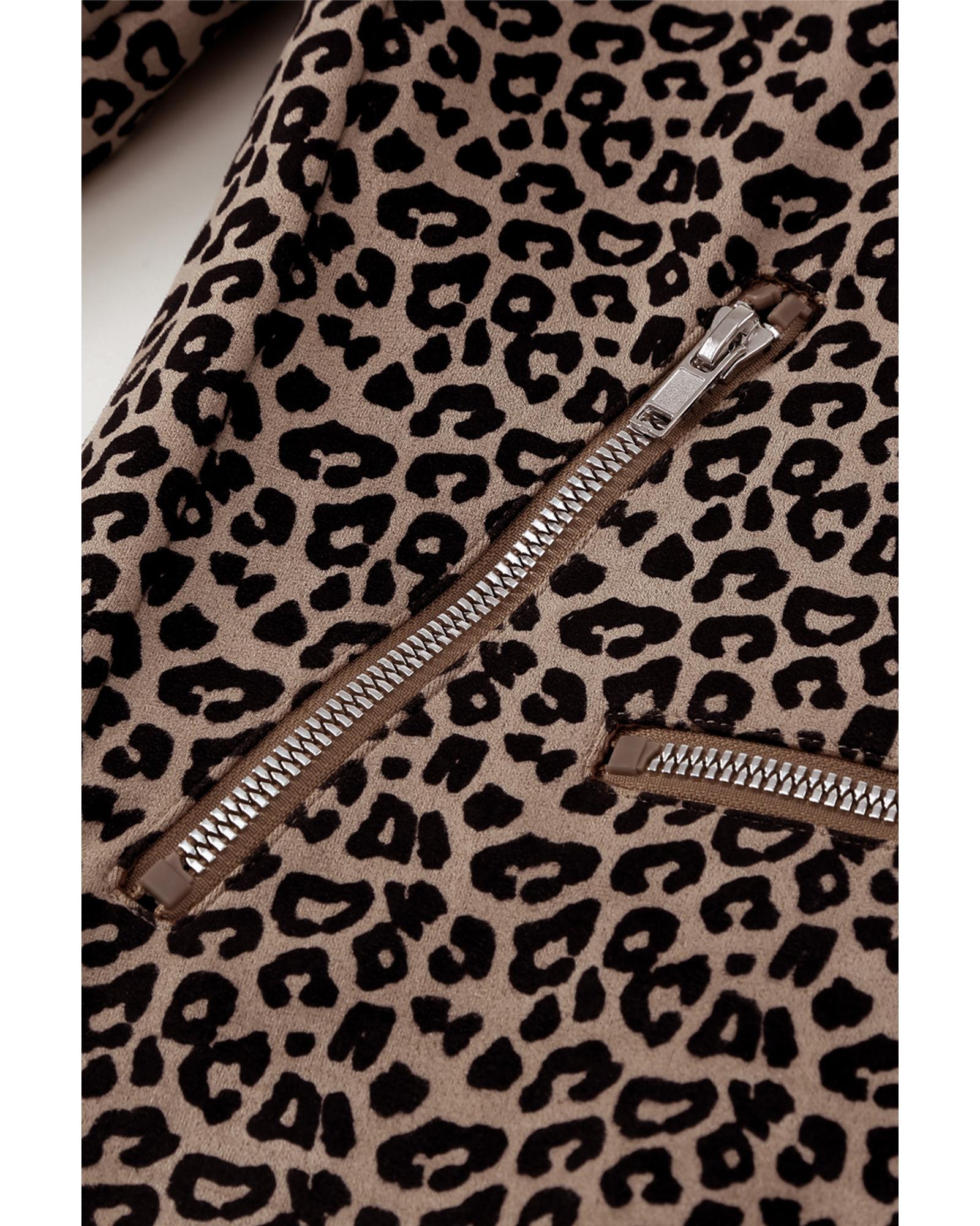 Leopard Zipped Notch Collar Short Jacket - XL