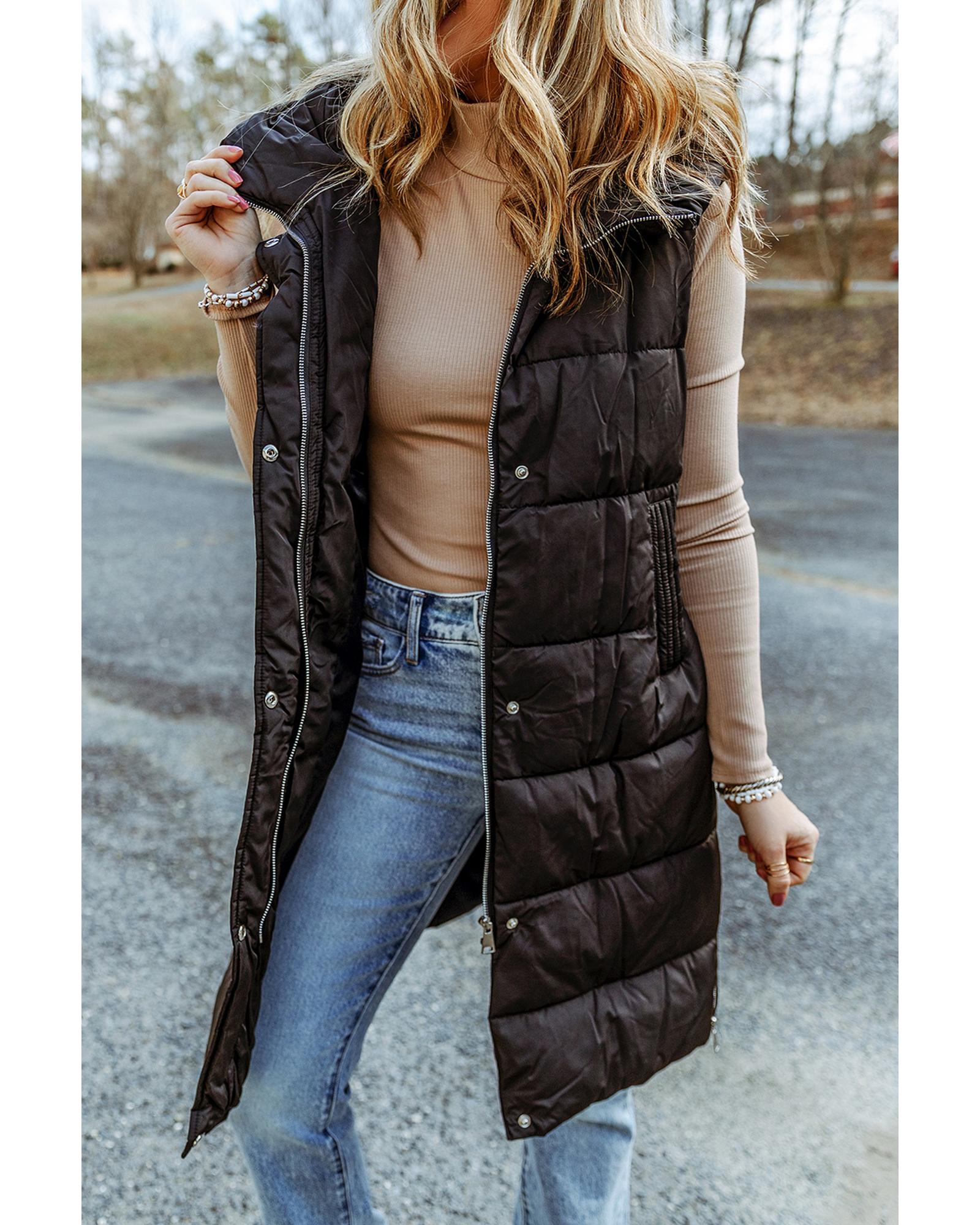 Black Hooded Long Quilted Vest Coat - XL