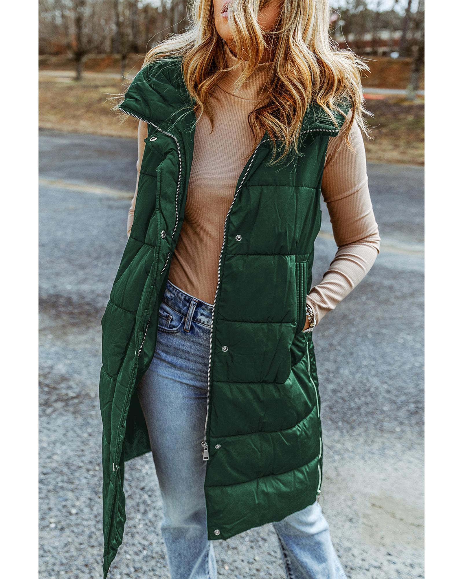 Green Hooded Long Quilted Vest Coat - L