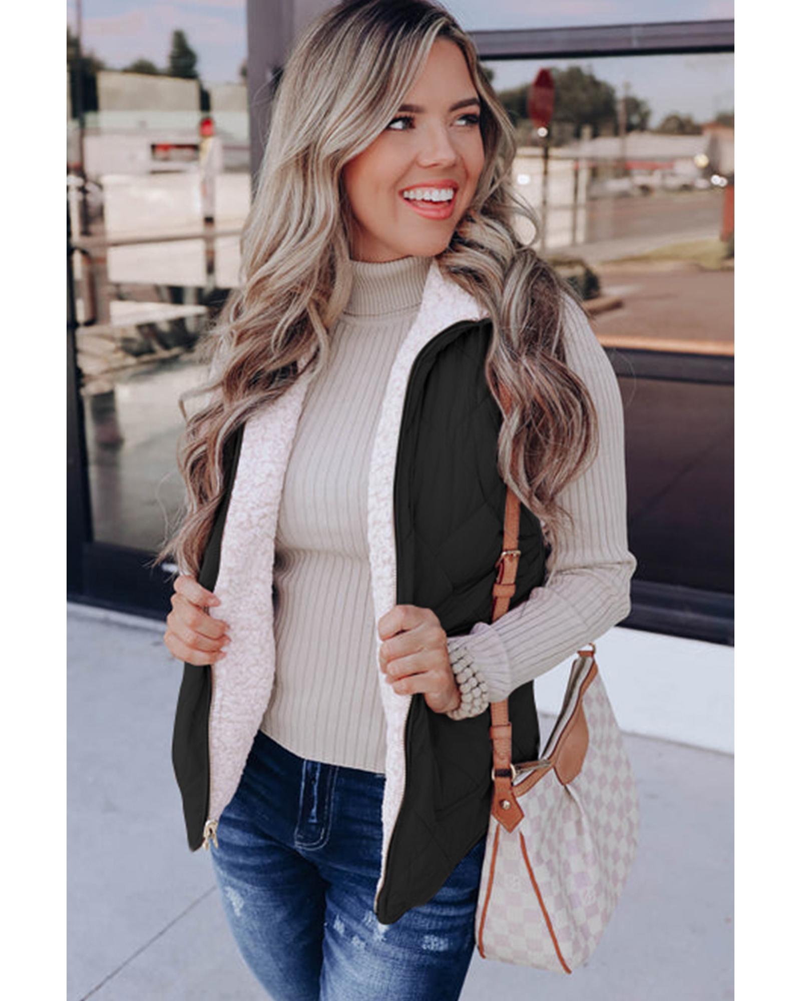 Black Fleece Lined Quilted Zip up Vest Coat - M