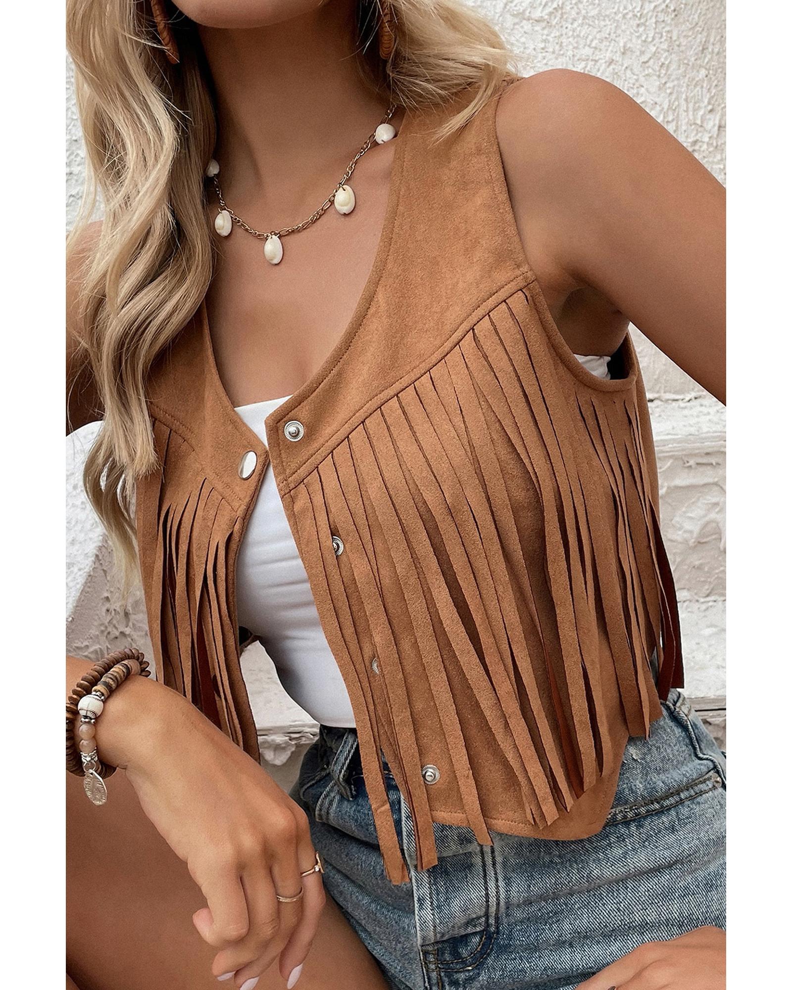 Camel Fringed Snap Button Front Suedette Vest - L