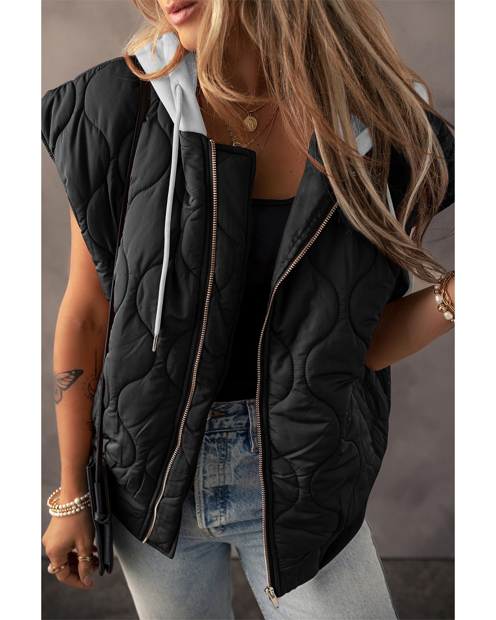 Black Quilted Drawstring Hooded Zip Up Puffer Vest - L