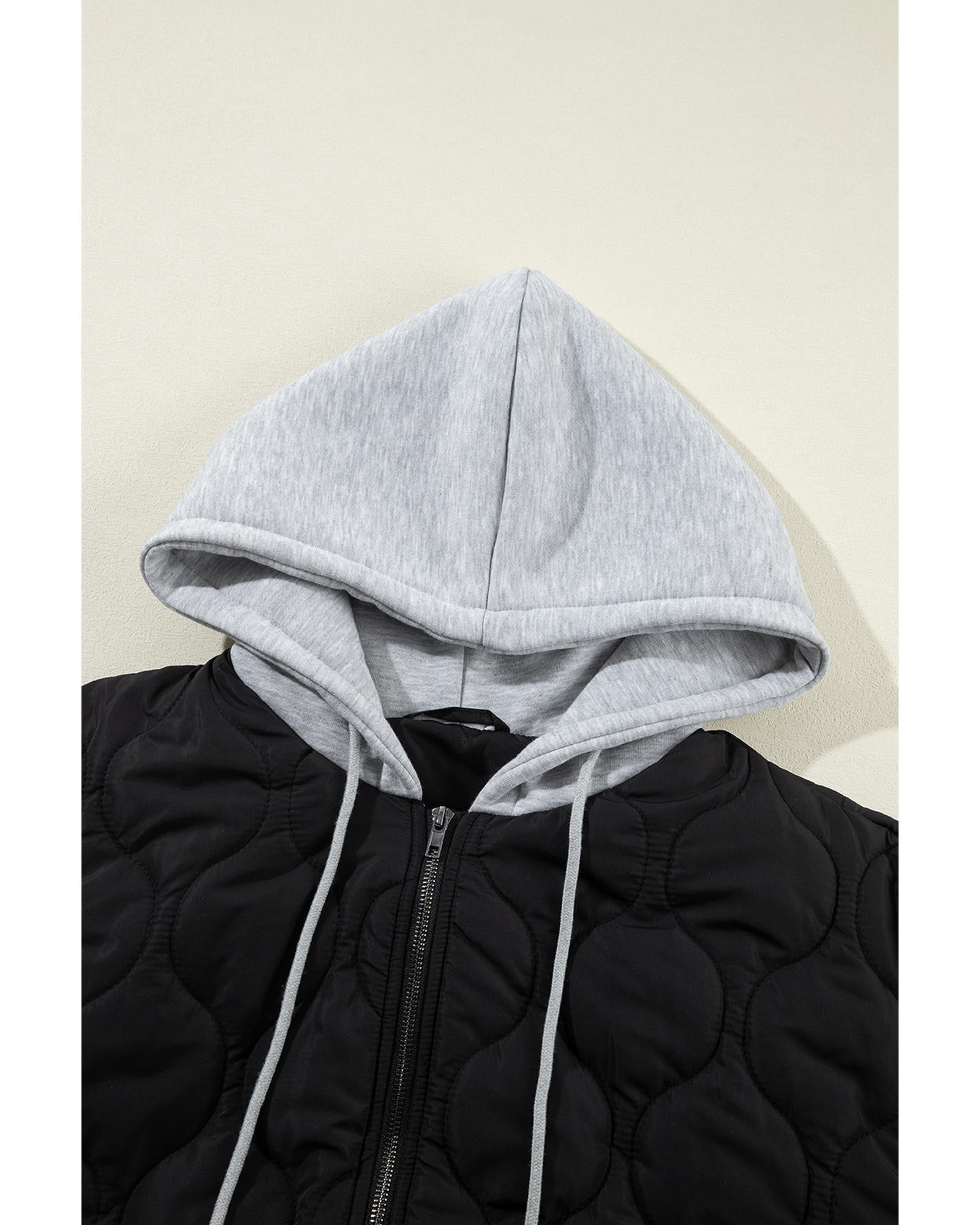 Black Quilted Drawstring Hooded Zip Up Puffer Vest - L