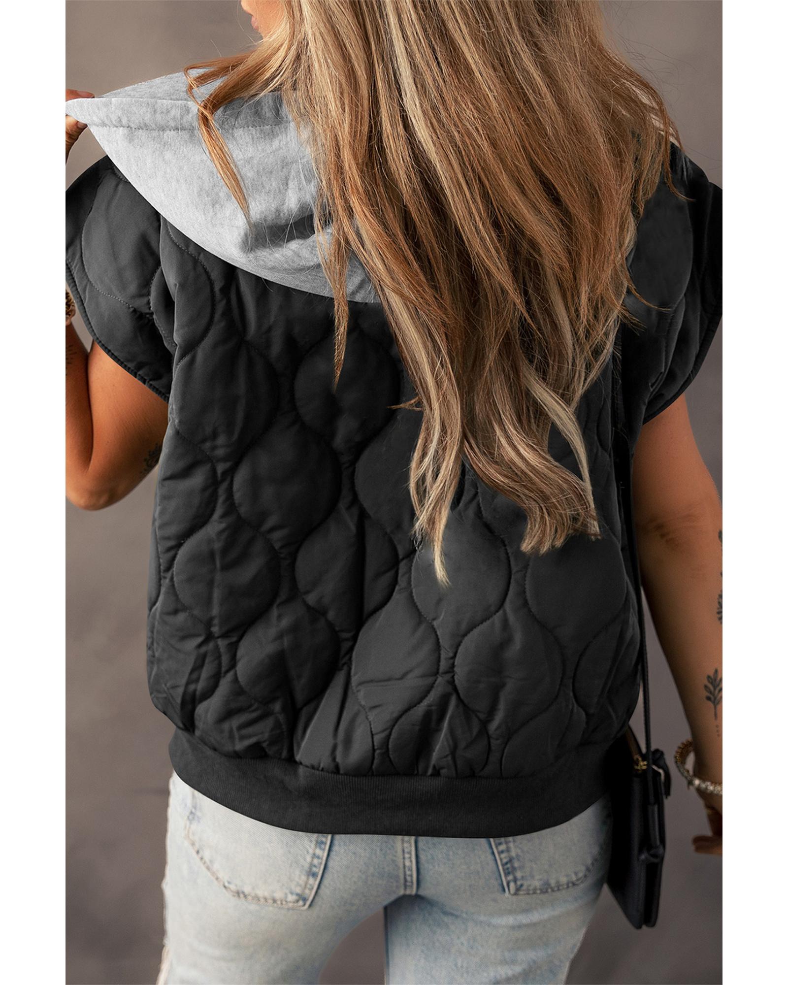 Black Quilted Drawstring Hooded Zip Up Puffer Vest - S