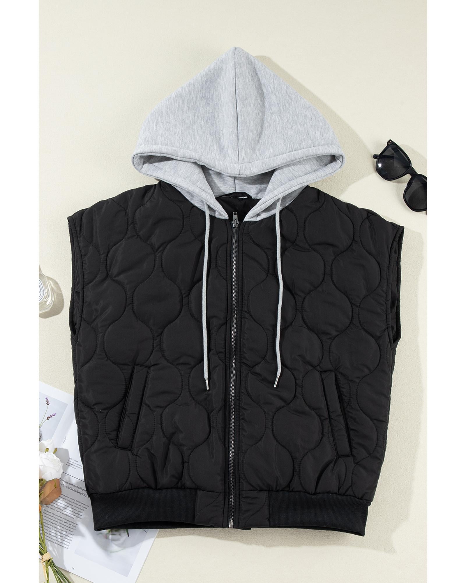 Black Quilted Drawstring Hooded Zip Up Puffer Vest - S