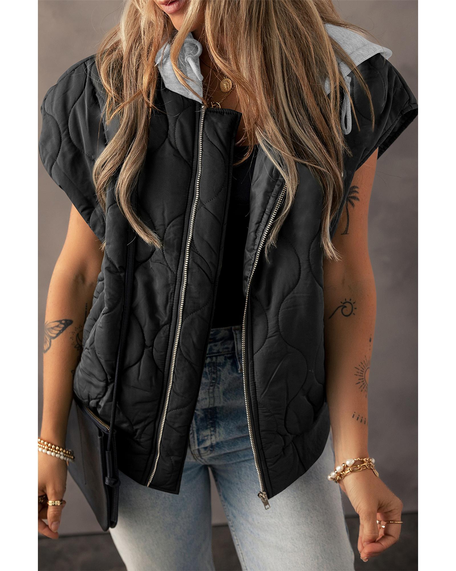 Black Quilted Drawstring Hooded Zip Up Puffer Vest - XL