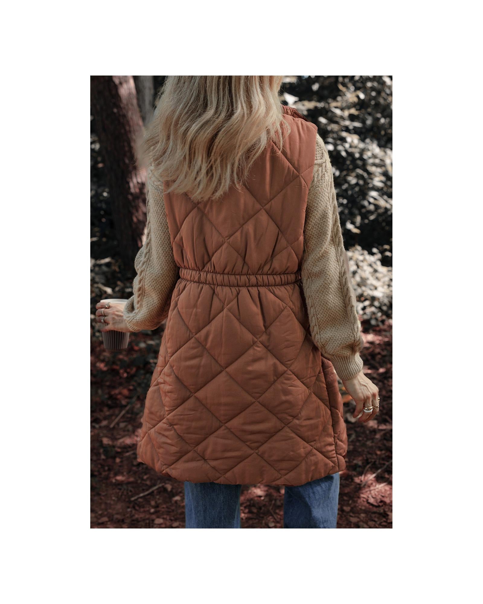 Coffee Longline Quilted Stand Collar Puffer Vest - M