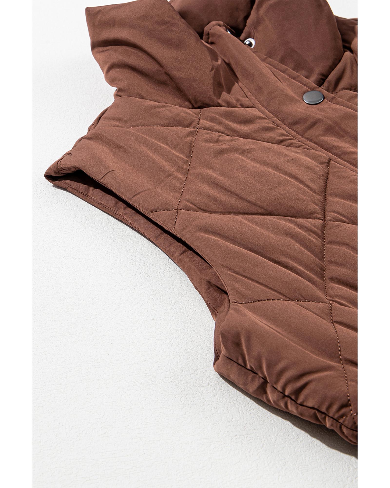 Coffee Longline Quilted Stand Collar Puffer Vest - M