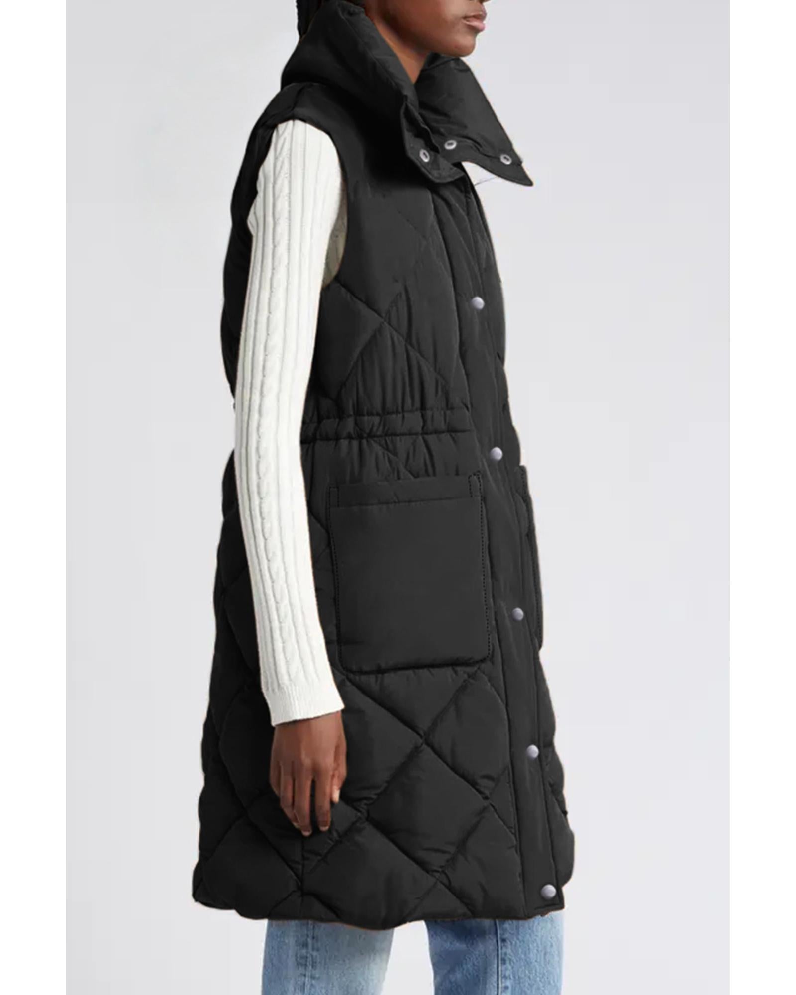 Black Longline Quilted Stand Collar Puffer Vest - L