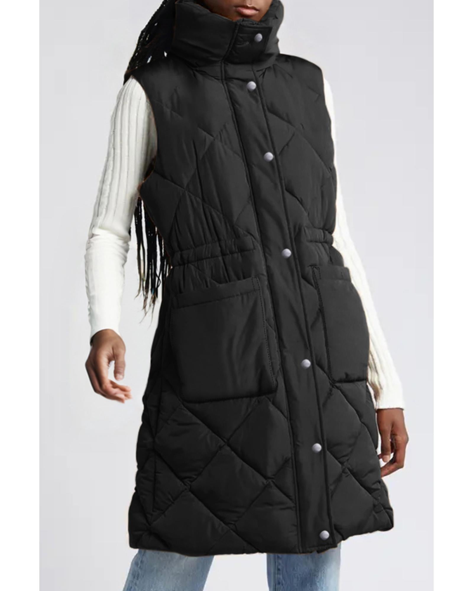 Black Longline Quilted Stand Collar Puffer Vest - L
