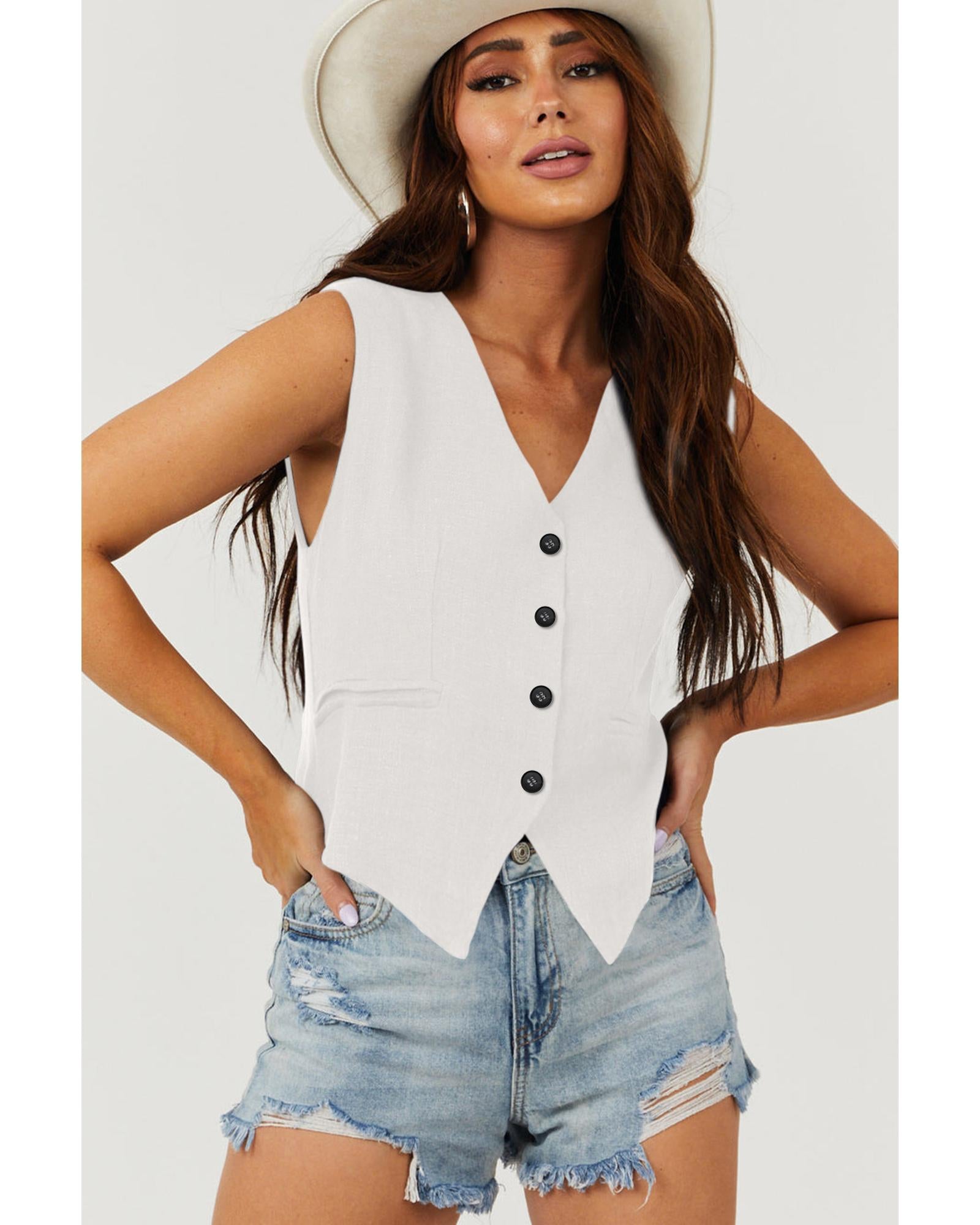 White Solid Color Button up V Neck Suit Vest - 2XL