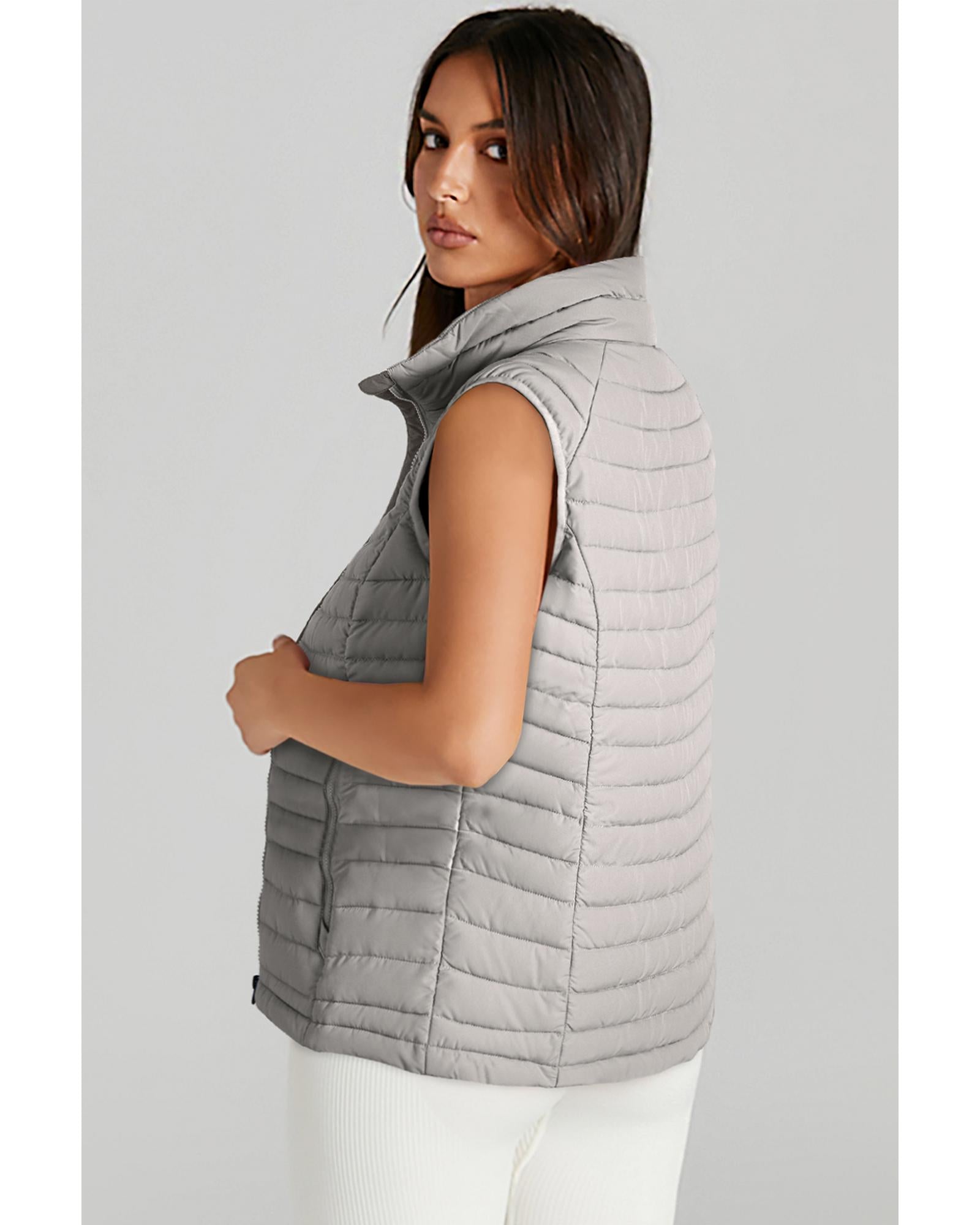 Silvery Plush Collared Quilted Zipped Puffer Vest - L