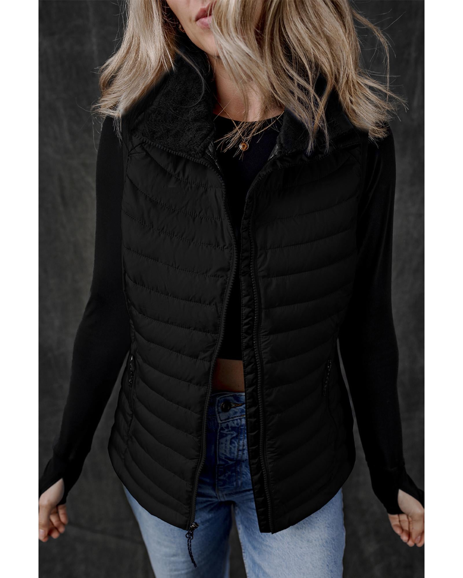 Black Plush Collared Quilted Zipped Puffer Vest - XL