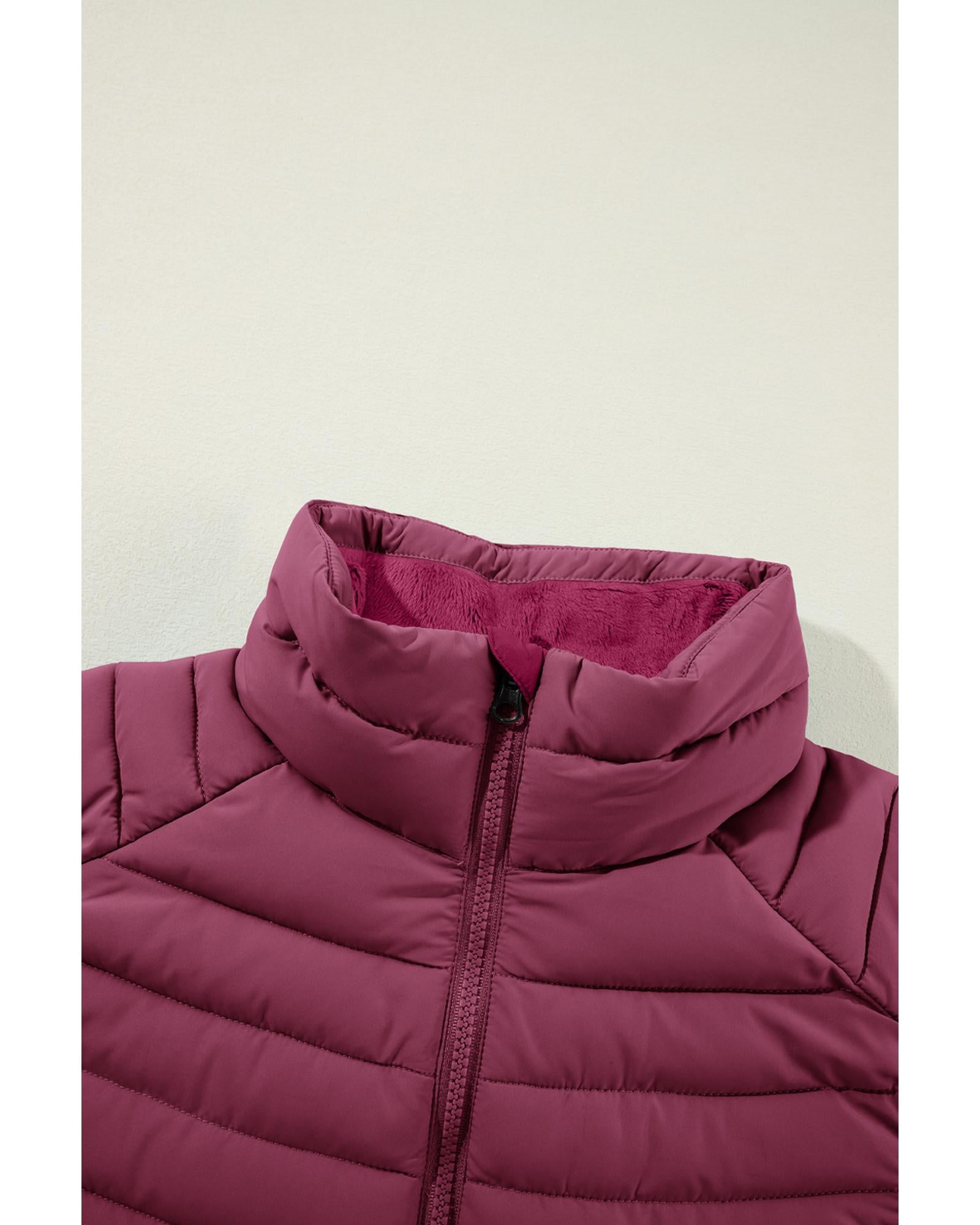 Burgundy Plush Collared Quilted Zipped Puffer Vest - S