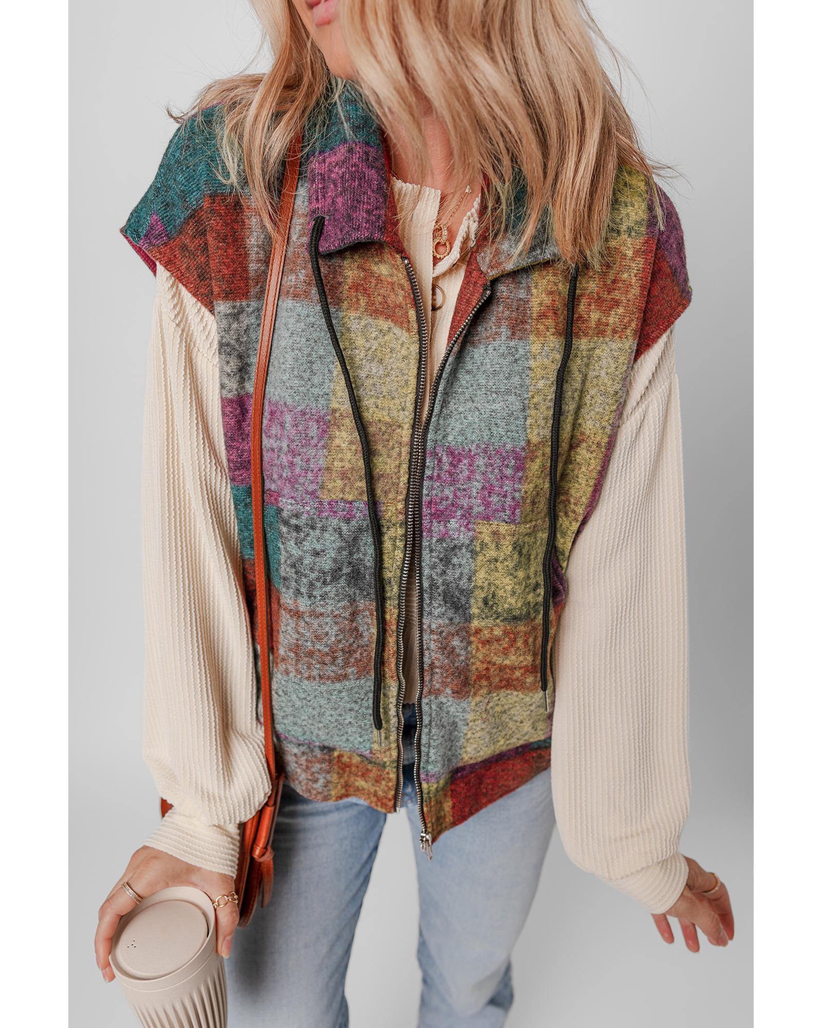 Multicolor Plaid Print Side Pockets Zipped Loose Vest - L