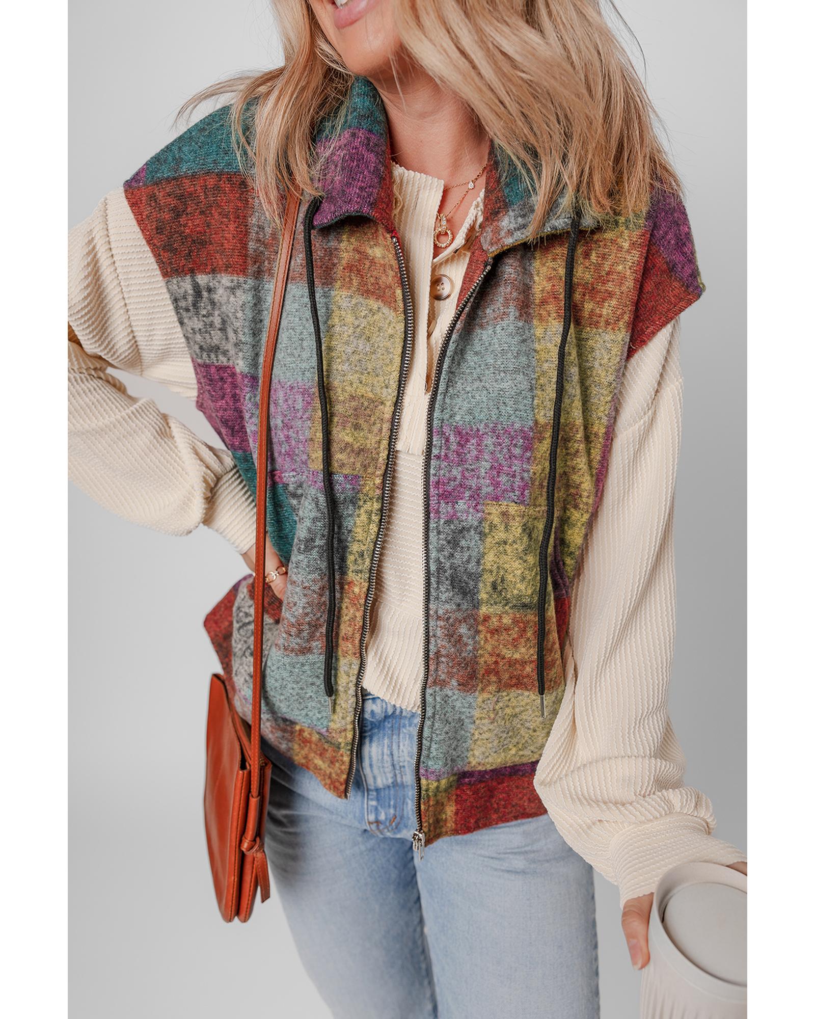 Multicolor Plaid Print Side Pockets Zipped Loose Vest - S