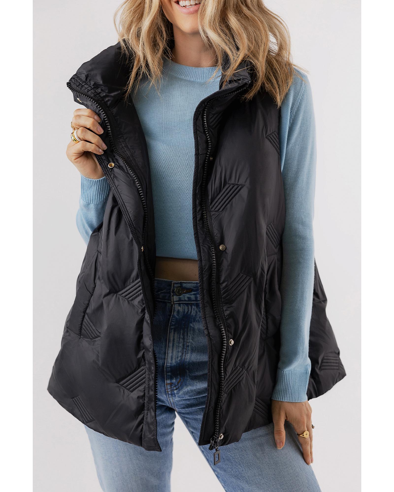 Black Quilted High Neck Zip Up Jacket Vest - 2XL