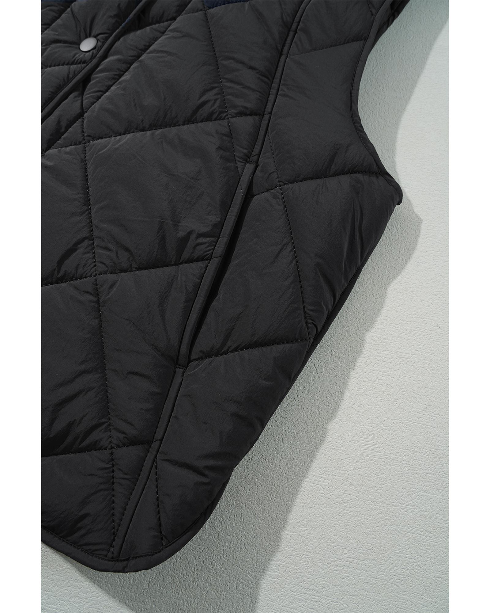 Black Quilted High Neck Button Up Pocket Vest Coat - M