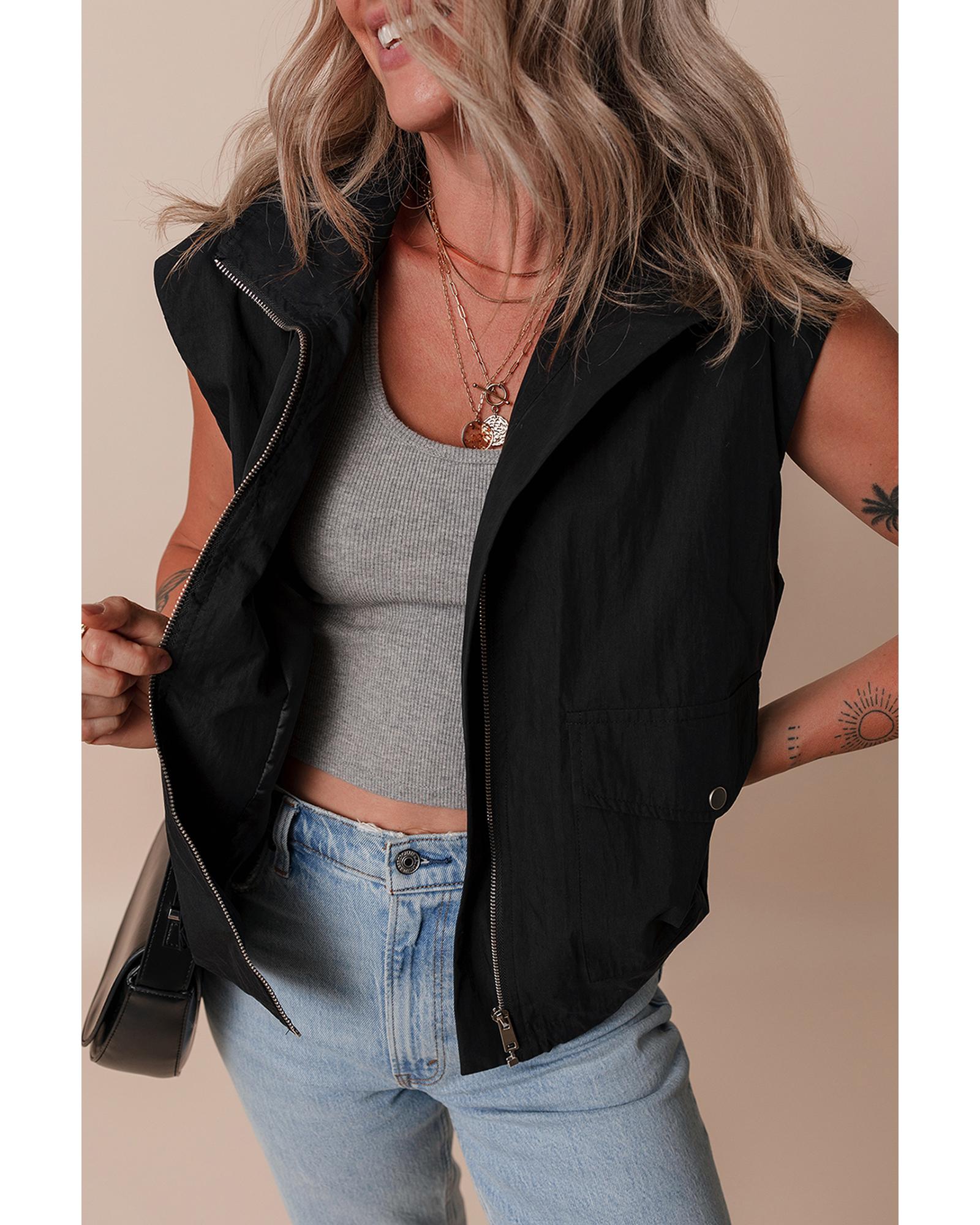 Black Flap Pockets Zip Up High Neck Vest - L