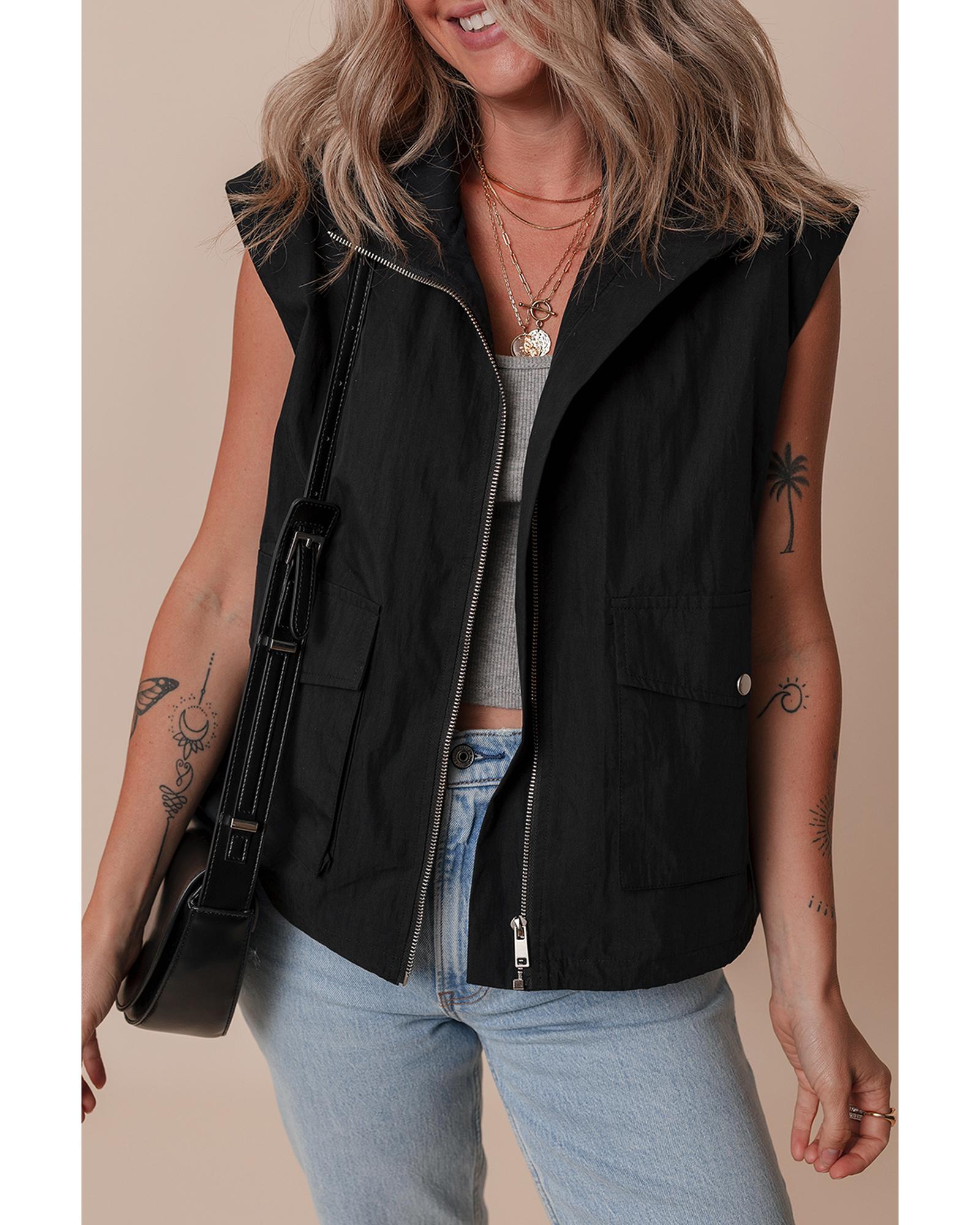 Black Flap Pockets Zip Up High Neck Vest - M
