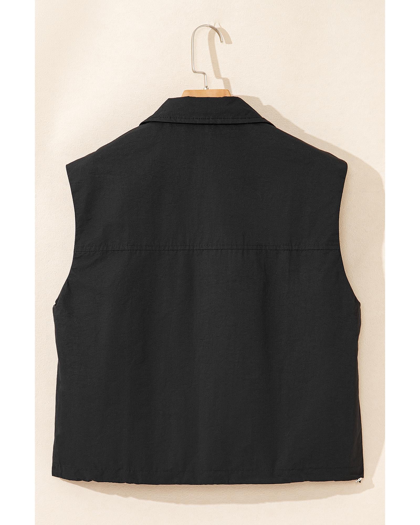Black Flap Pockets Zip Up High Neck Vest - M