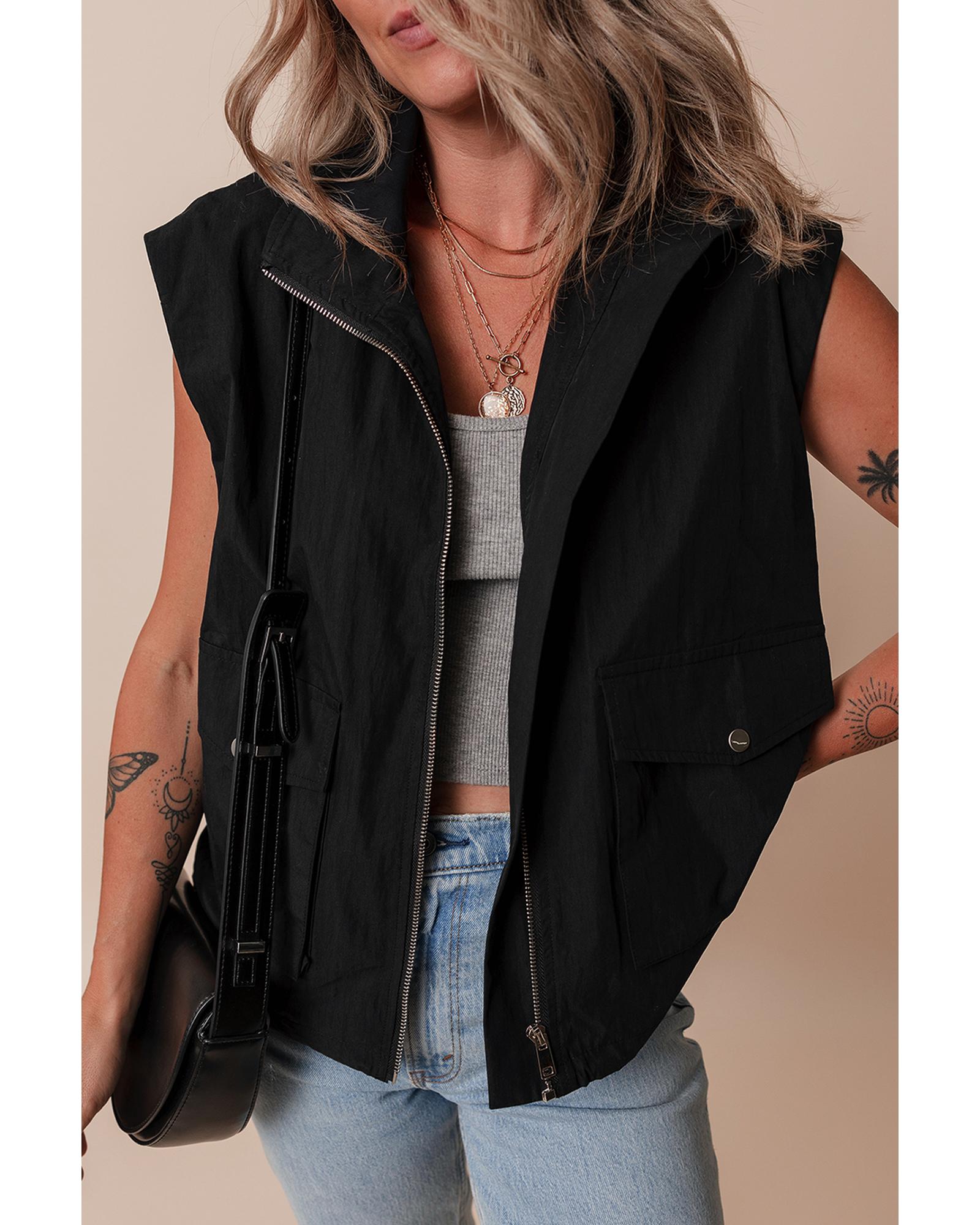 Black Flap Pockets Zip Up High Neck Vest - M
