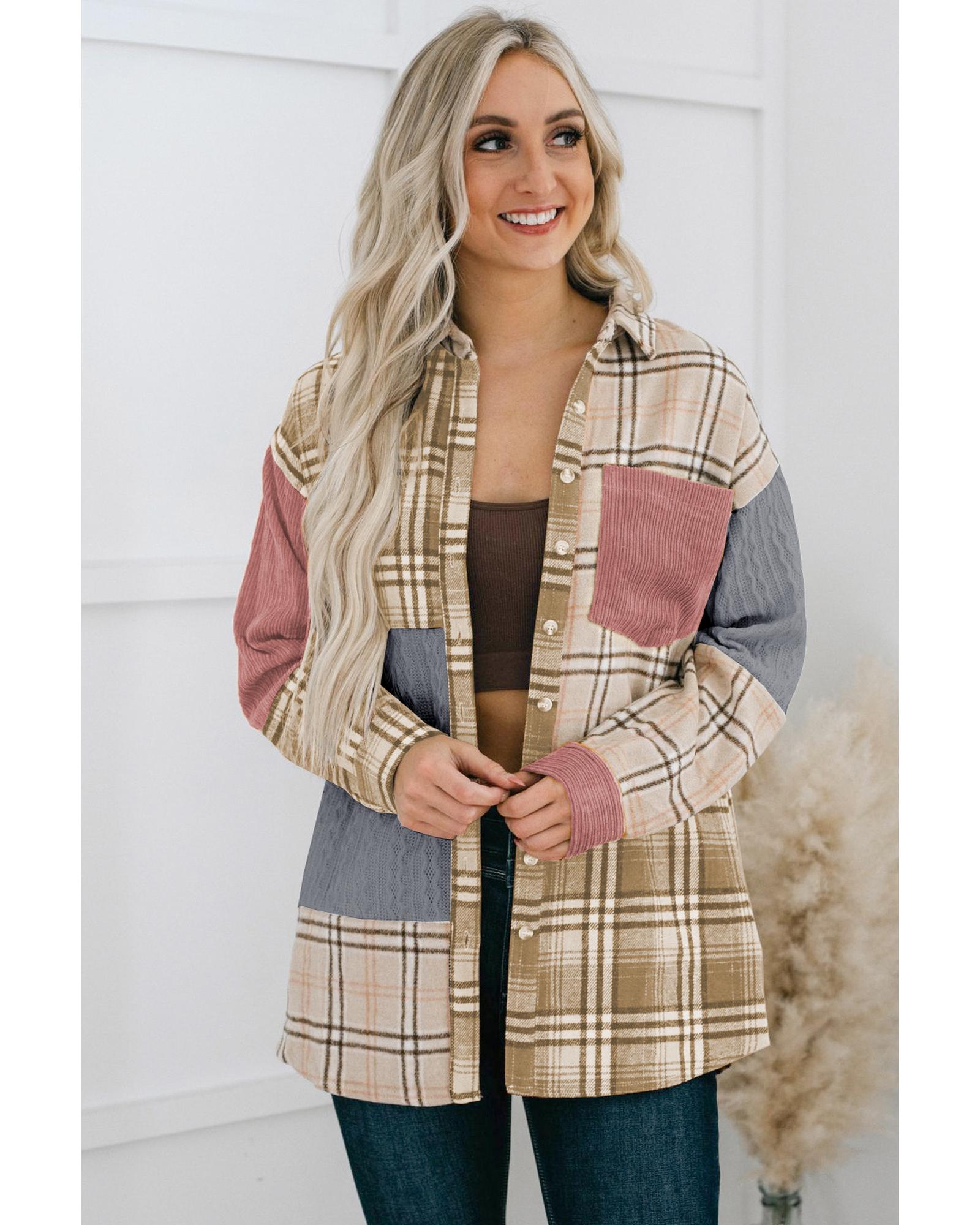 Pink Plaid Color Block Patchwork Shirt Jacket with Pocket - L