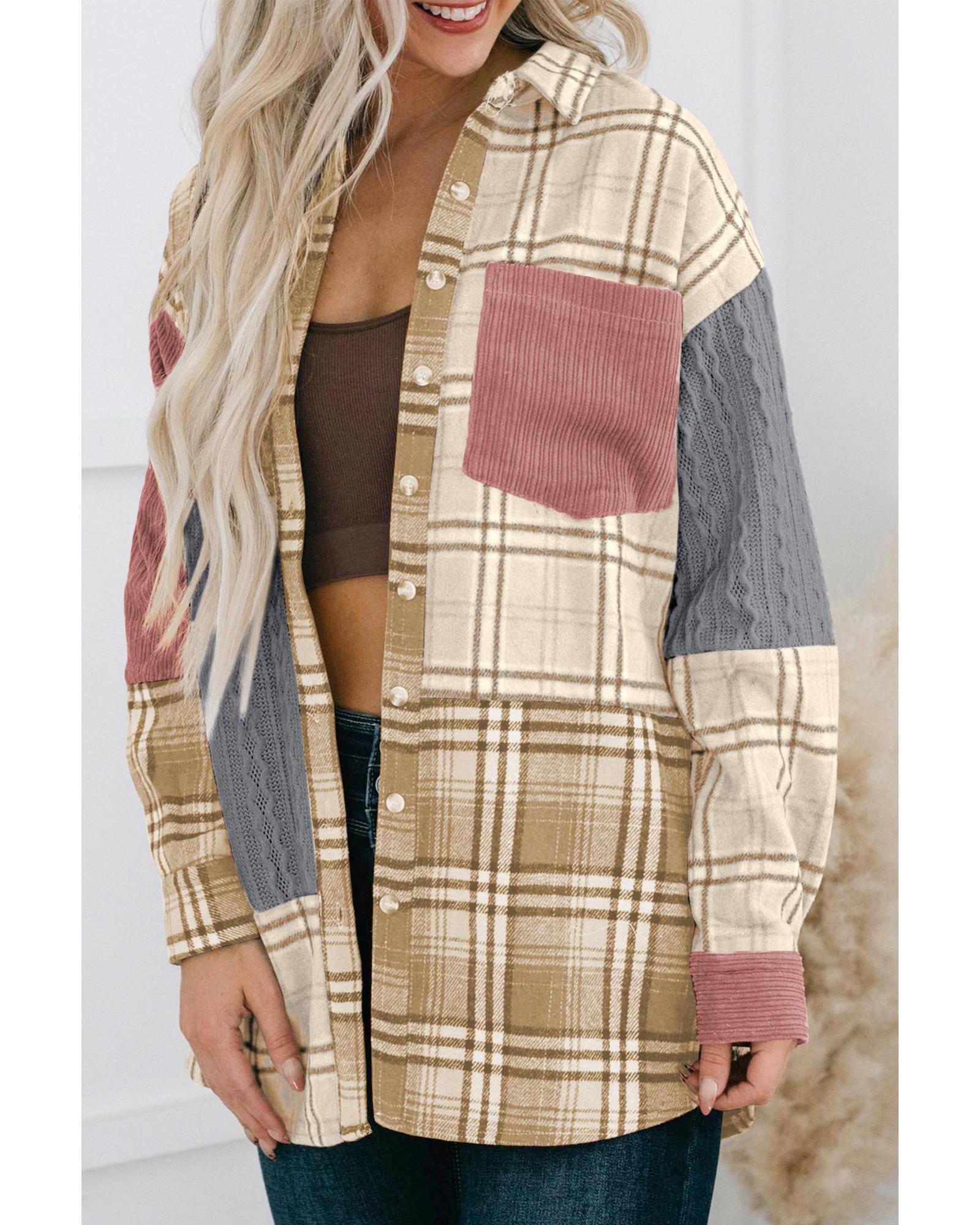 Pink Plaid Color Block Patchwork Shirt Jacket with Pocket - L