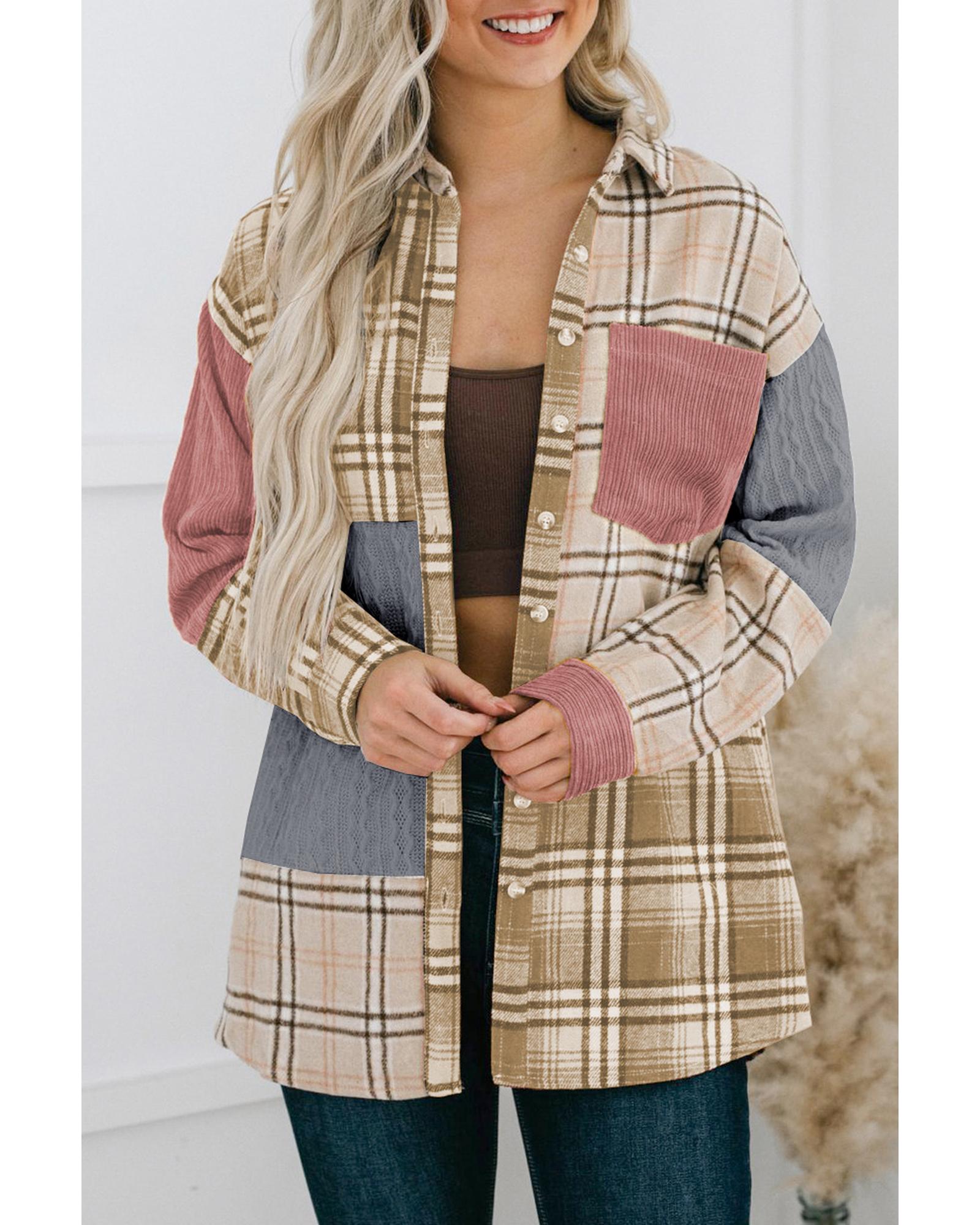 Pink Plaid Color Block Patchwork Shirt Jacket with Pocket - L