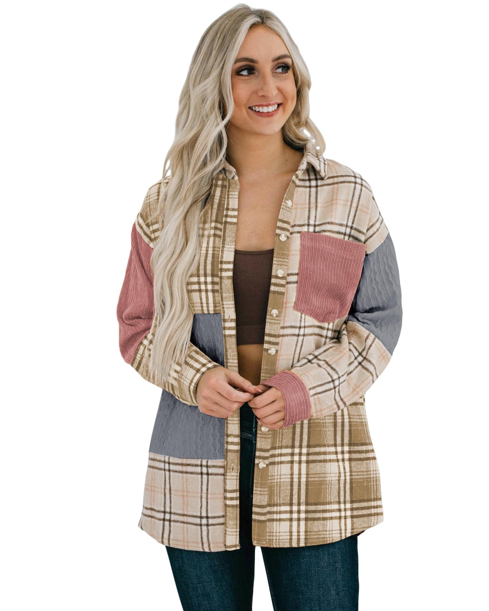 Pink Plaid Color Block Patchwork Shirt Jacket with Pocket - L