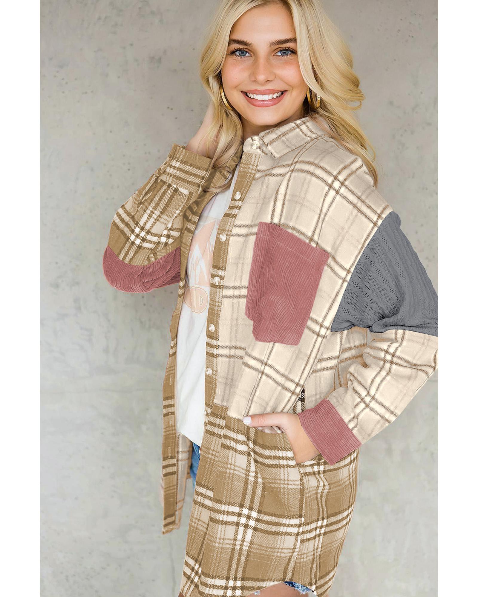 Pink Plaid Color Block Patchwork Shirt Jacket with Pocket - L