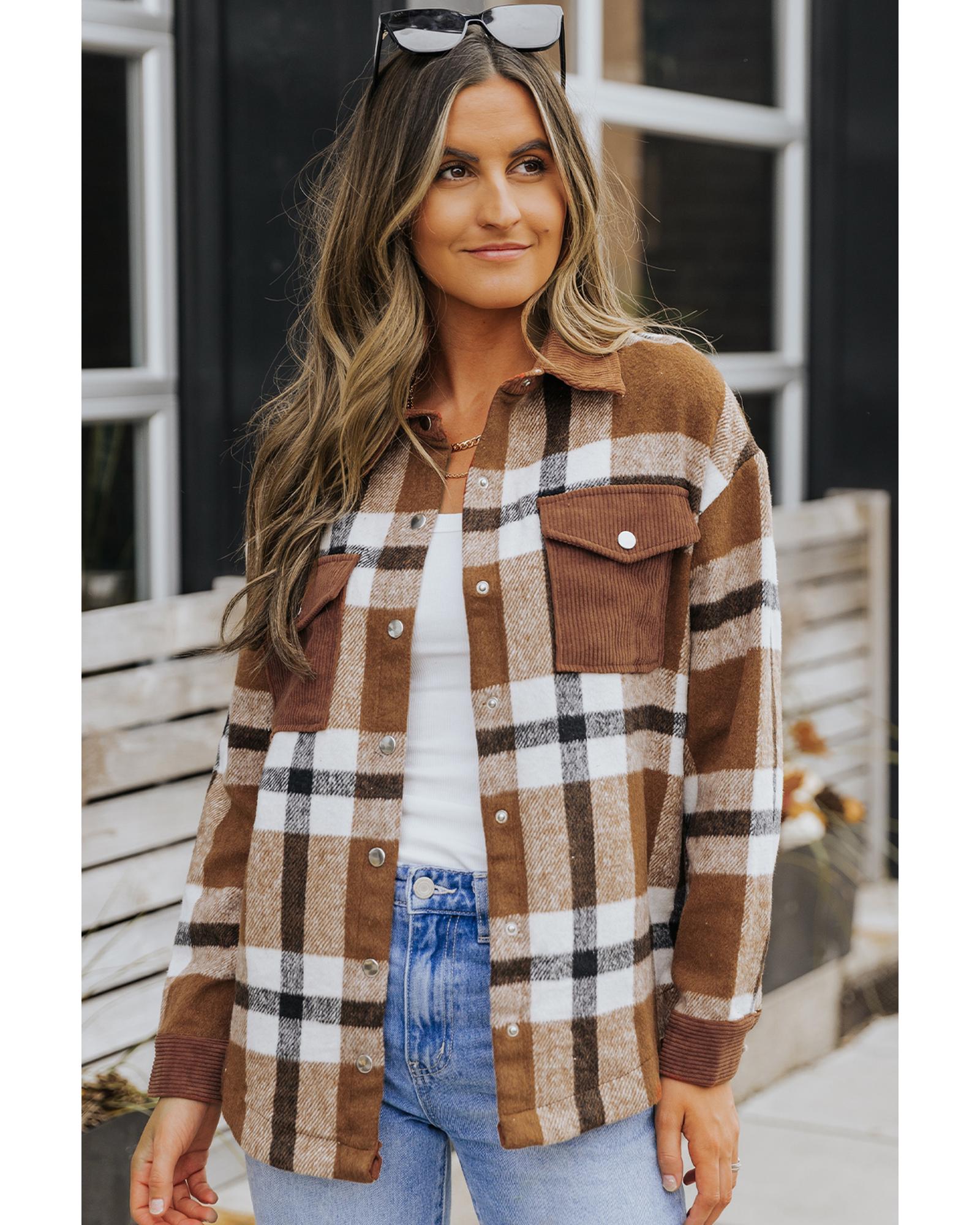 Brown Pocketed Buttoned Plaid Shirt Jacket - 2XL