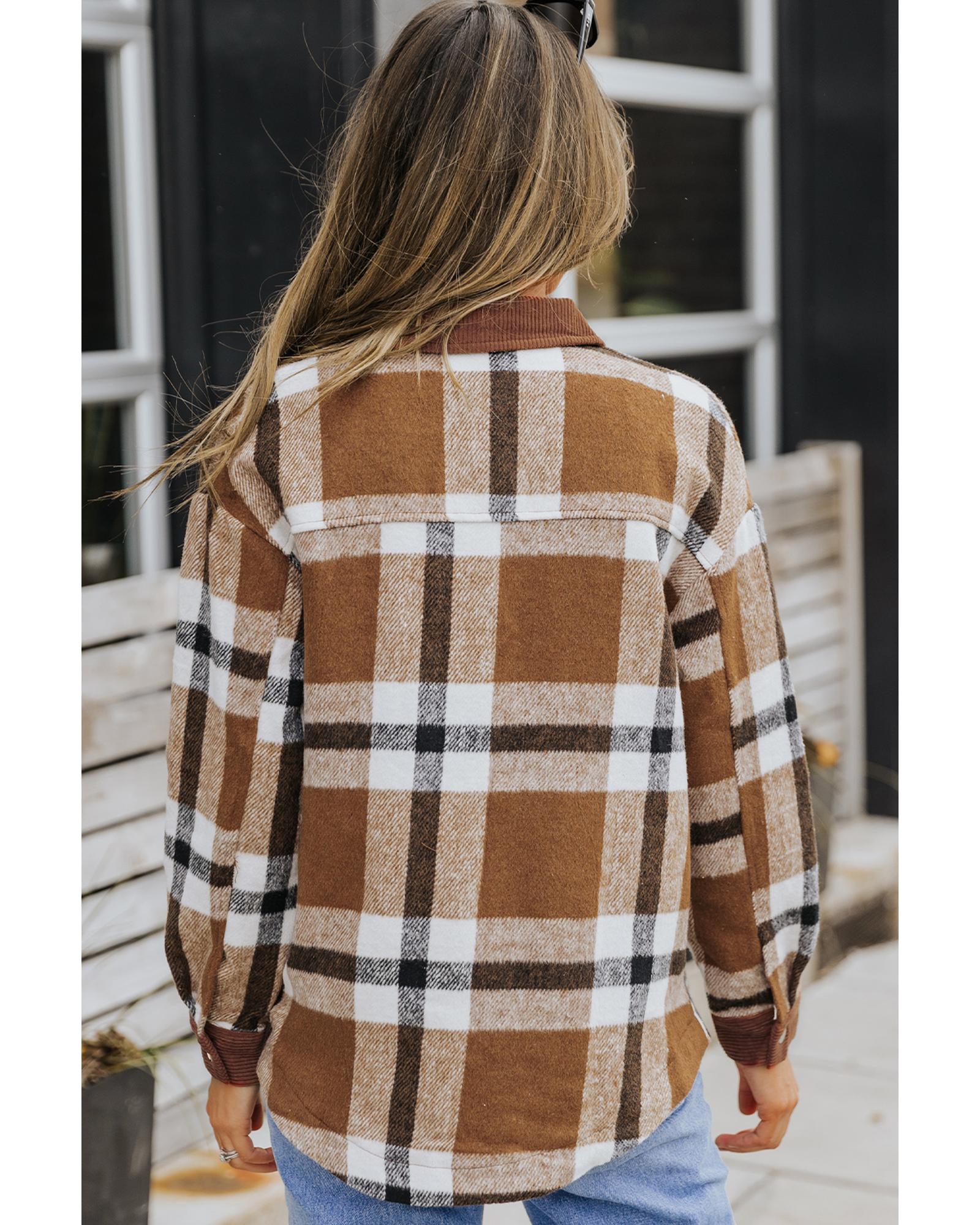 Brown Pocketed Buttoned Plaid Shirt Jacket - L