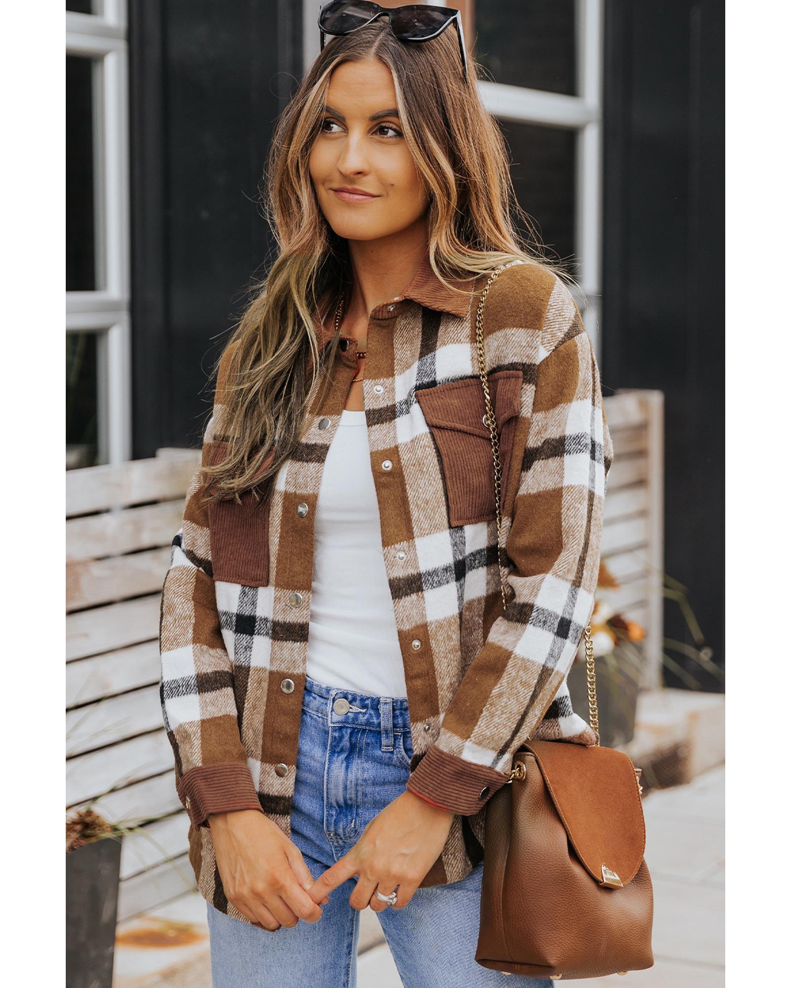 Brown Pocketed Buttoned Plaid Shirt Jacket - L