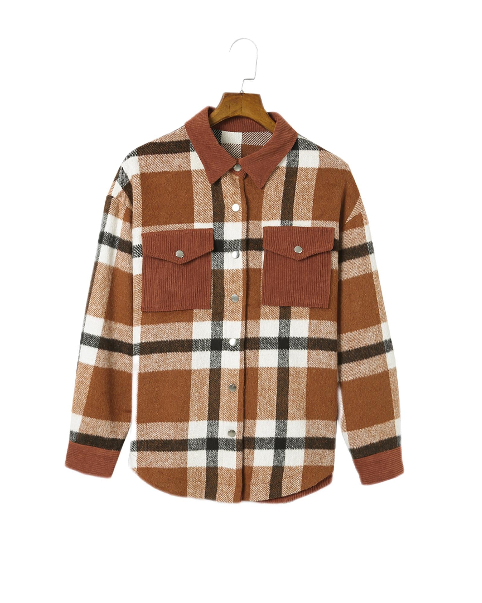 Brown Pocketed Buttoned Plaid Shirt Jacket - M