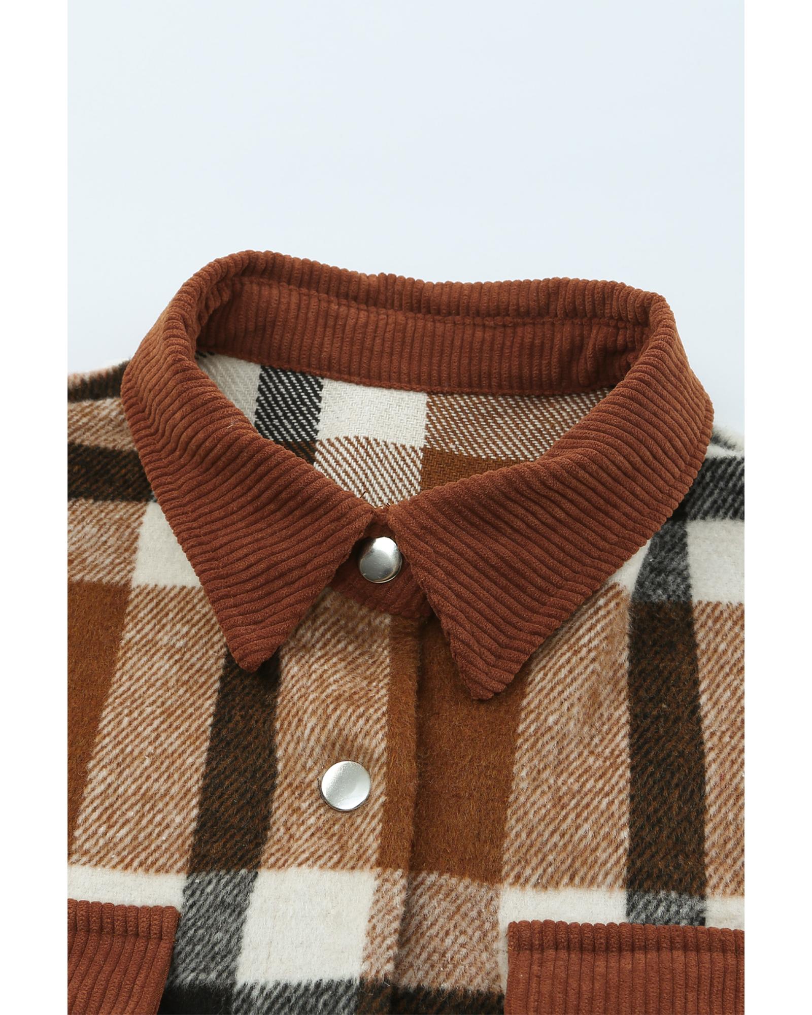 Brown Pocketed Buttoned Plaid Shirt Jacket - M