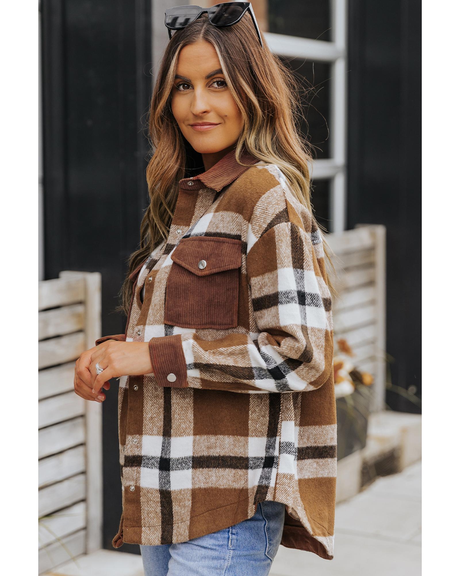 Brown Pocketed Buttoned Plaid Shirt Jacket - S