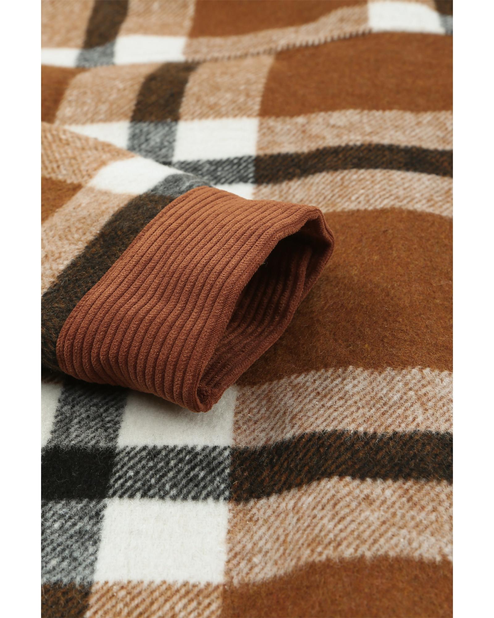 Brown Pocketed Buttoned Plaid Shirt Jacket - S