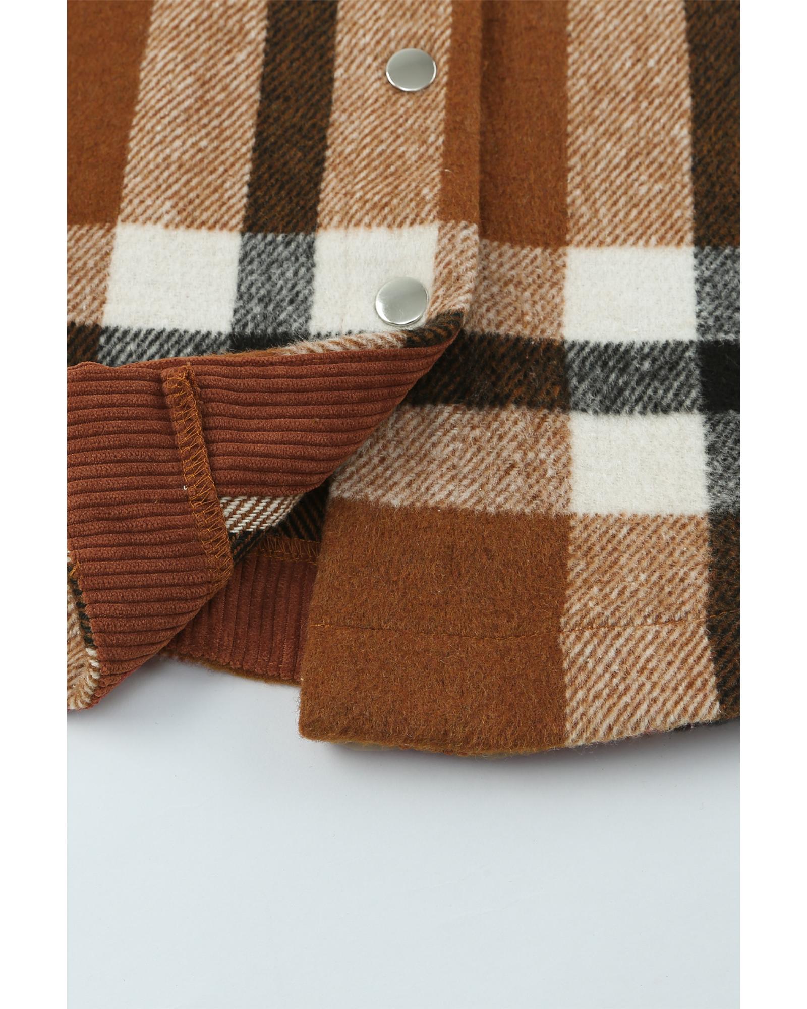 Brown Pocketed Buttoned Plaid Shirt Jacket - S