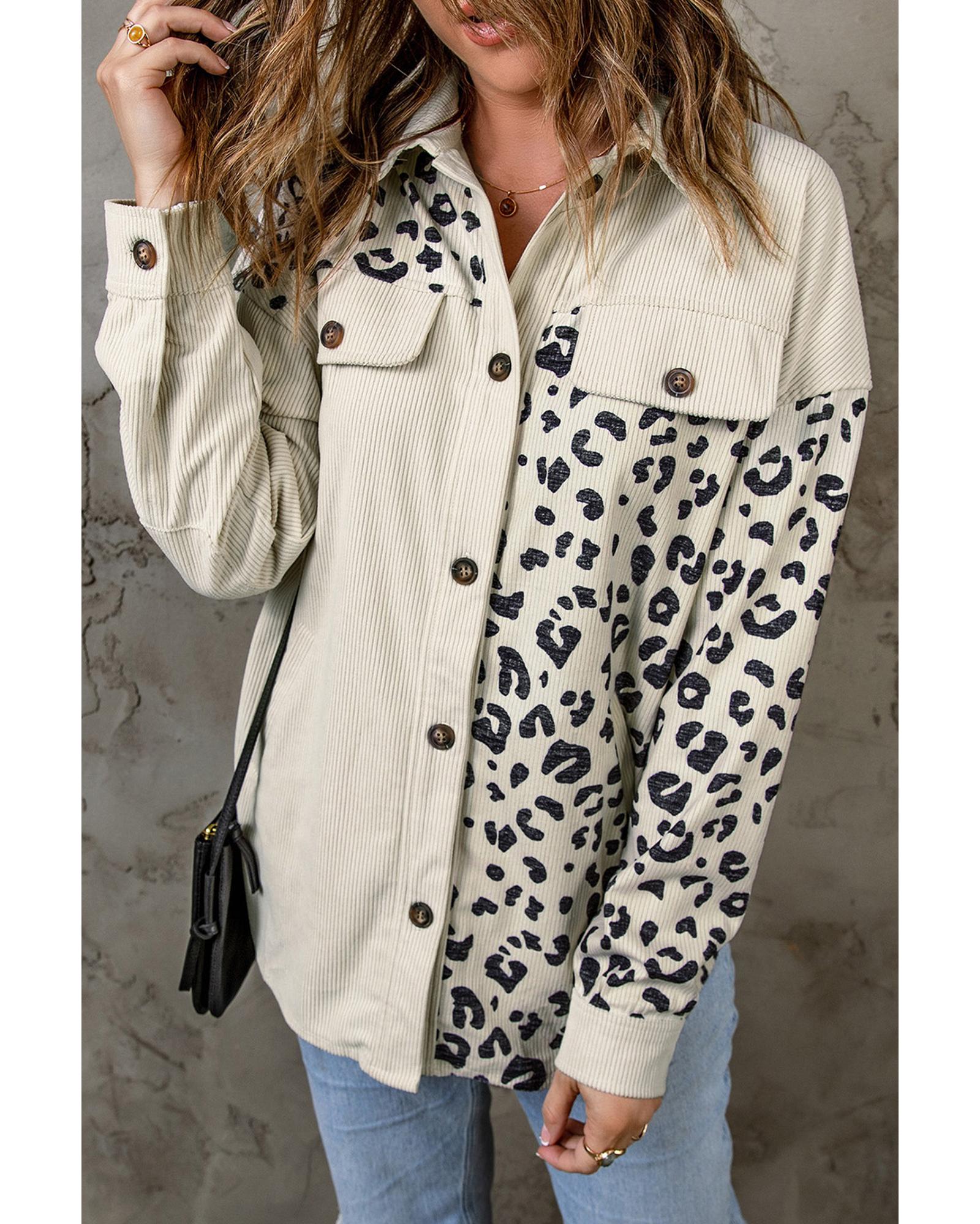 Apricot Leopard Print Detail Pocketed Corduroy Jacket - S