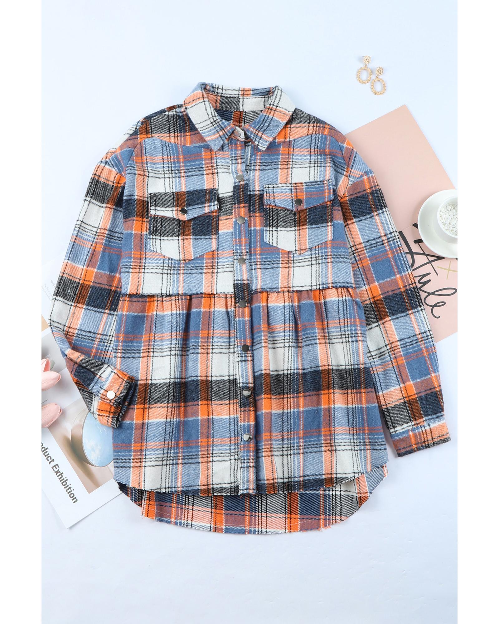 Multicolor Plaid Button Down Ruffled Shirt Jacket - XL