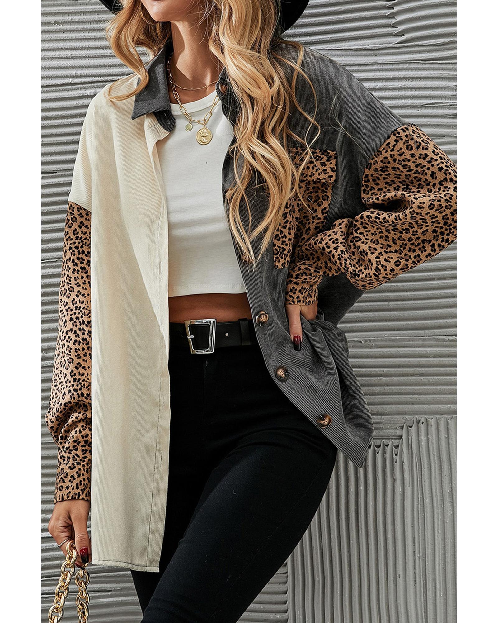 Gray Color Block Leopard Patched Corduroy Shacket - M
