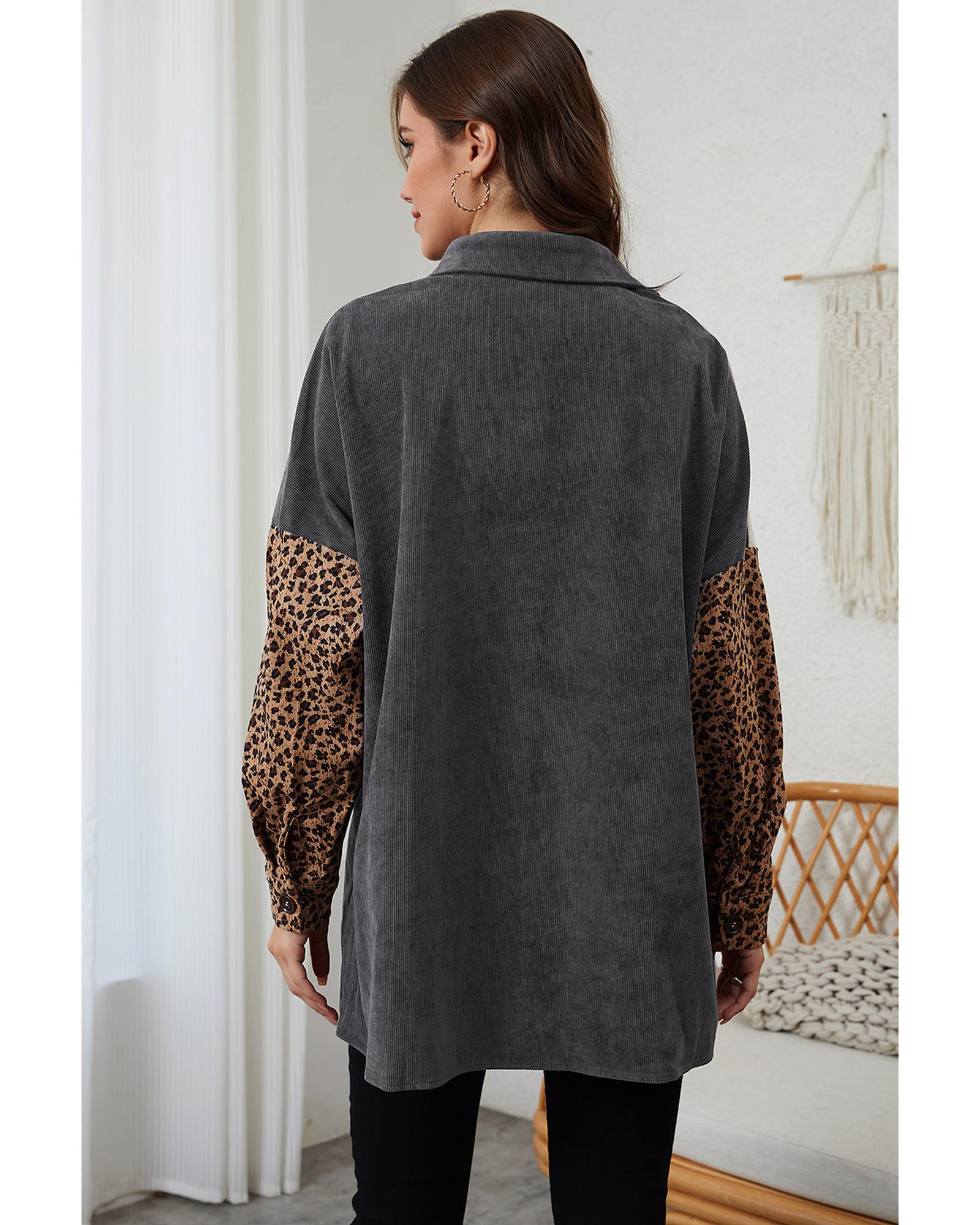 Gray Color Block Leopard Patched Corduroy Shacket - M