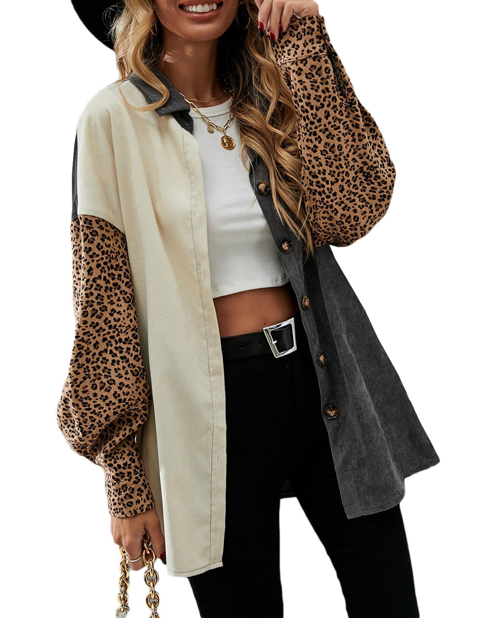 Gray Color Block Leopard Patched Corduroy Shacket - M
