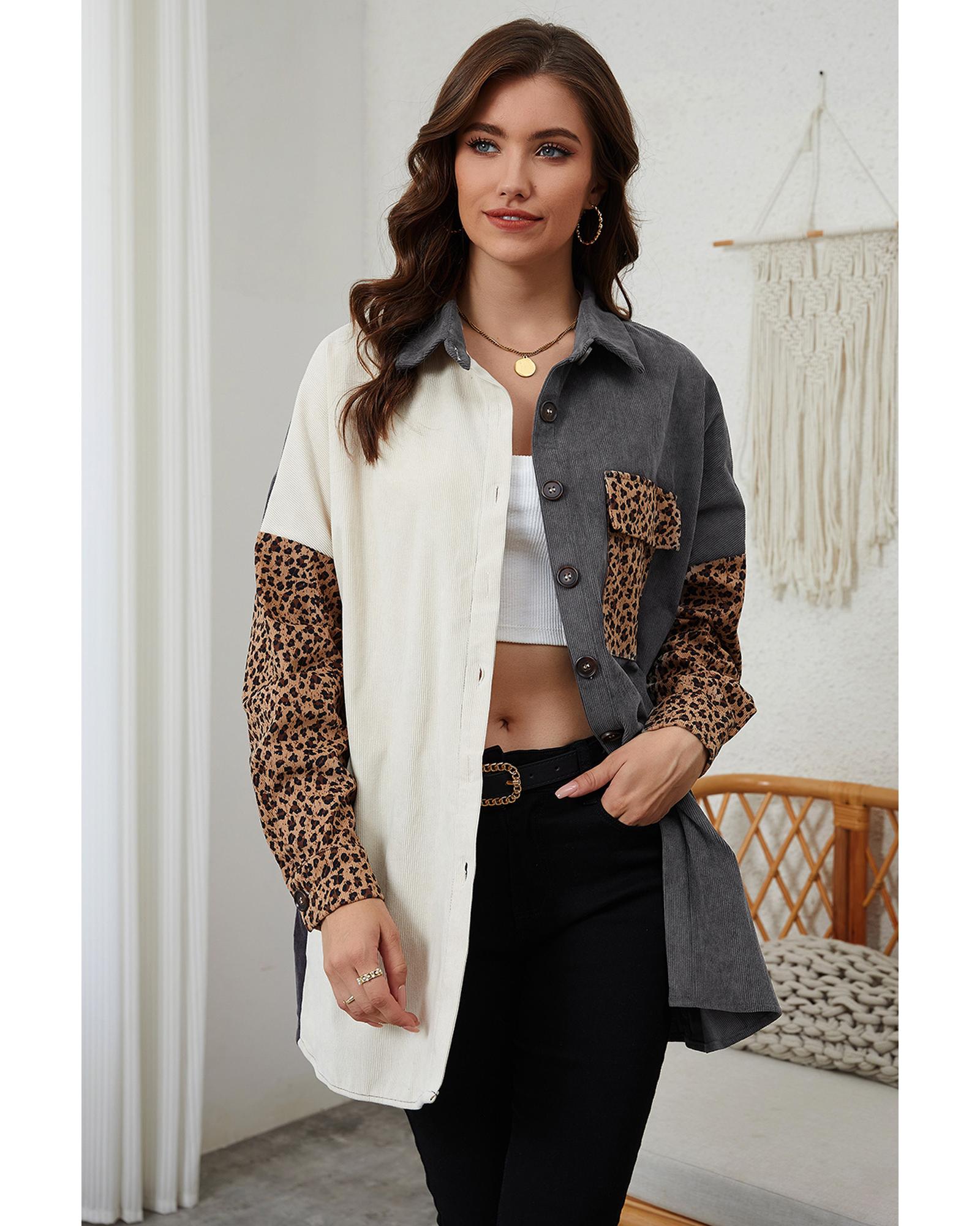 Gray Color Block Leopard Patched Corduroy Shacket - S